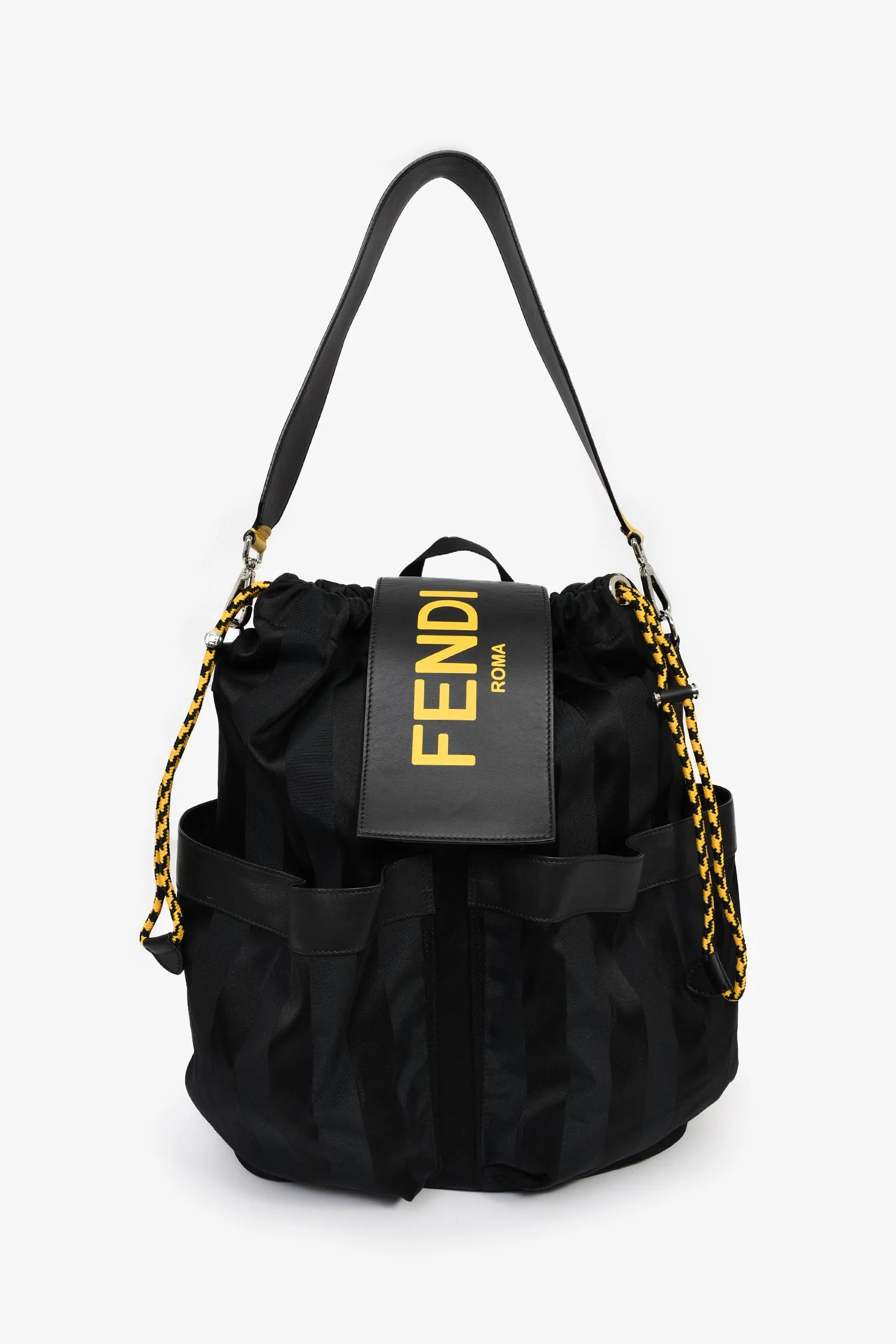 Fendi Black/Yellow Nylon/Leather Pequin Drawstring Backpack - Image 7