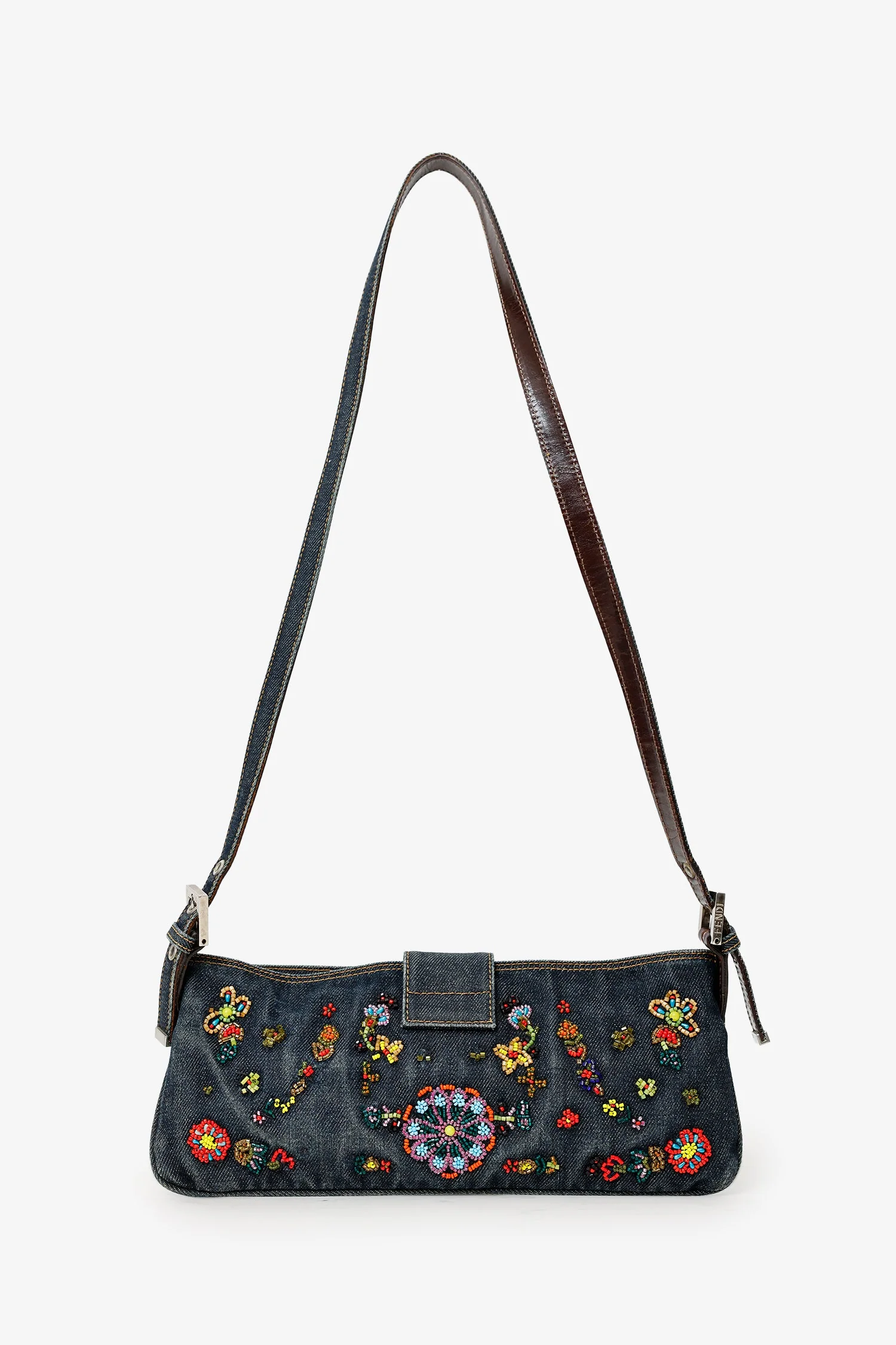 Fendi Blue Denim Beaded Baguette Pochette - Image 3