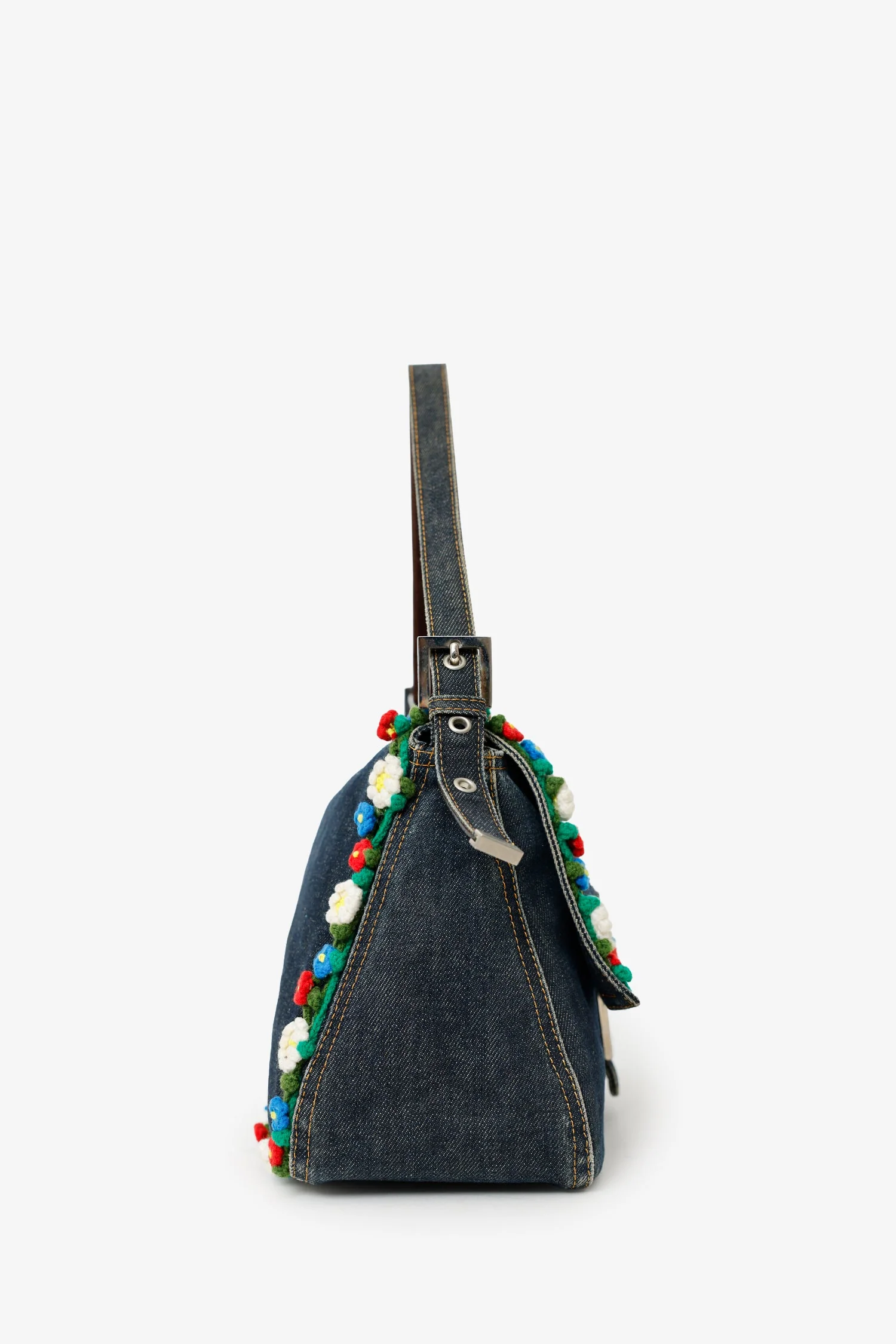 Fendi Blue Denim Crochet Floral Embellished Mama Baguette Shoulder Bag - Image 2