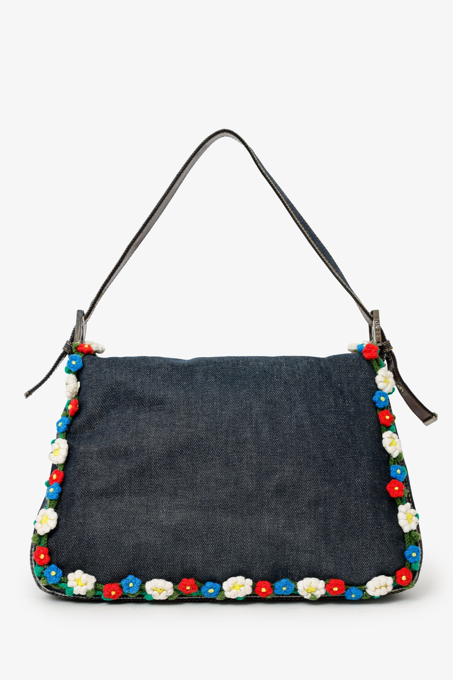 Fendi Blue Denim Crochet Floral Embellished Mama Baguette Shoulder Bag - Image 3