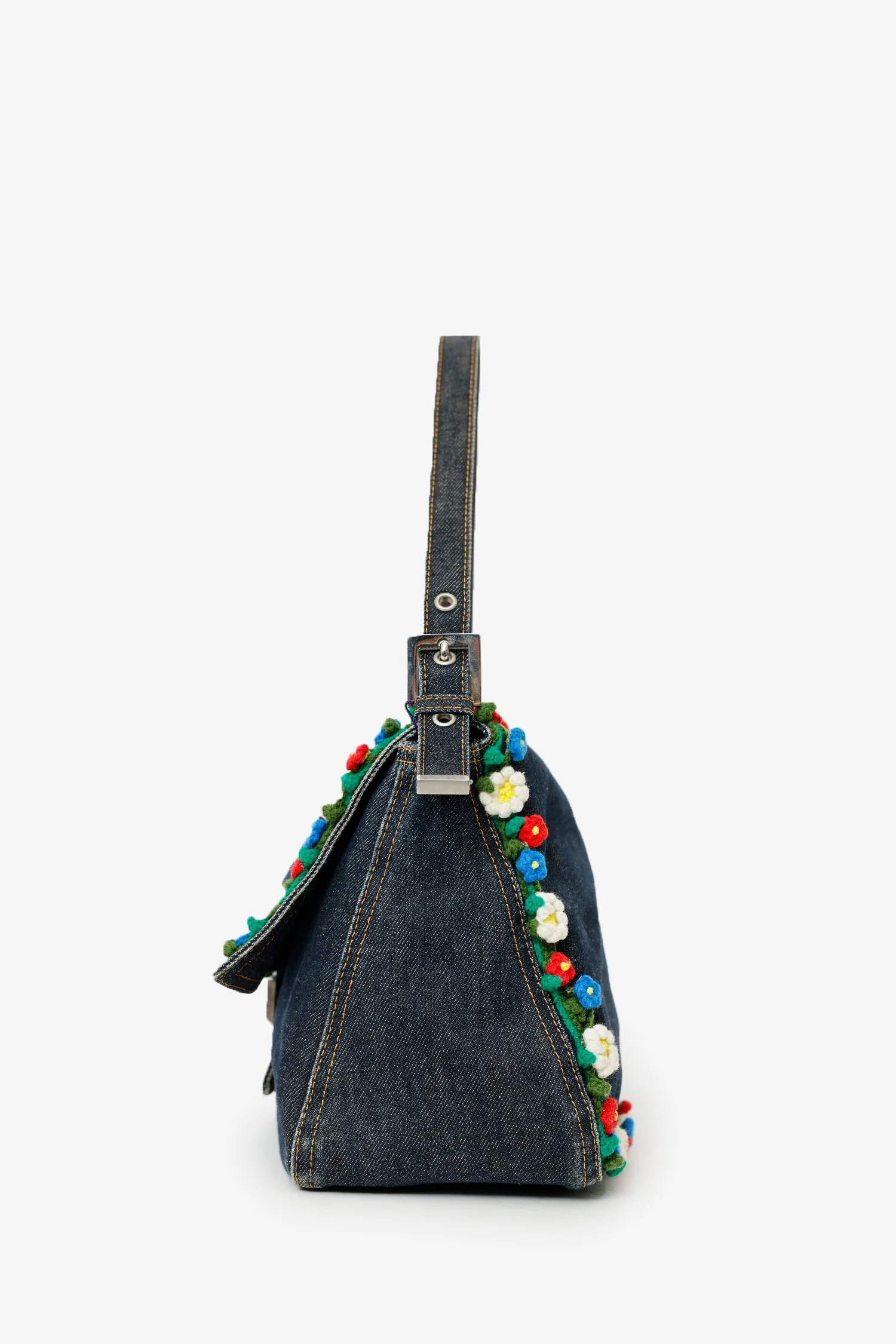 Fendi Blue Denim Crochet Floral Embellished Mama Baguette Shoulder Bag - Image 4