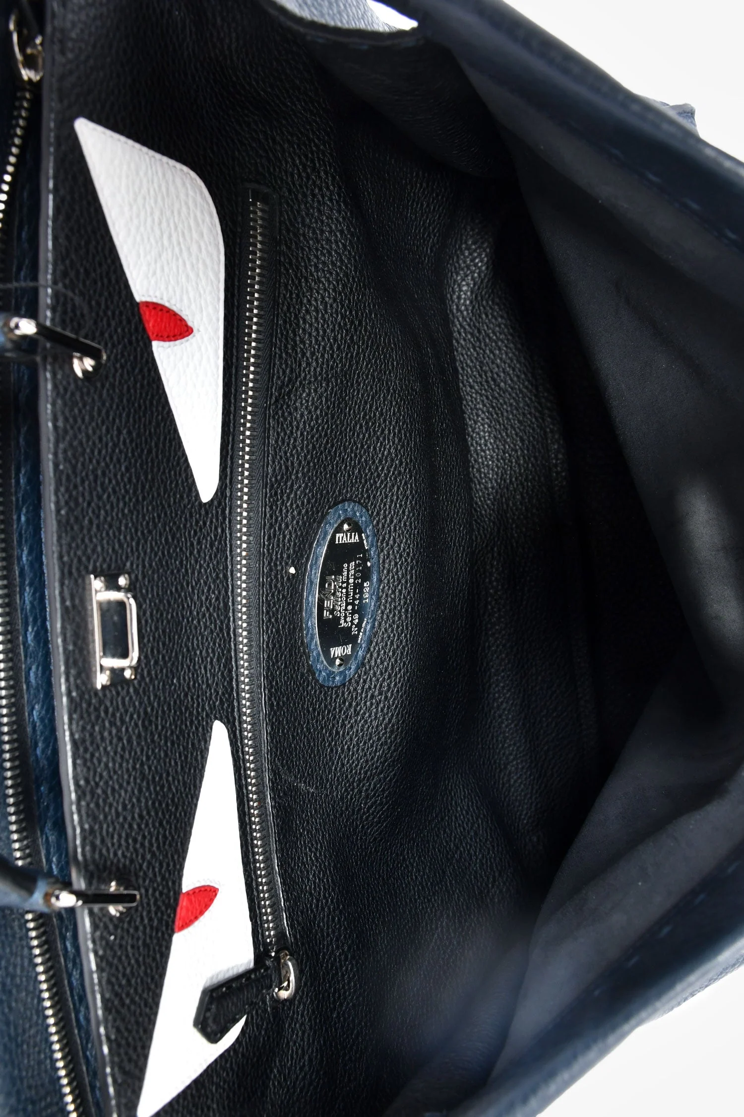 Fendi Blue/White Leather Grained Monster Peekaboo Messenger Bag - Image 6