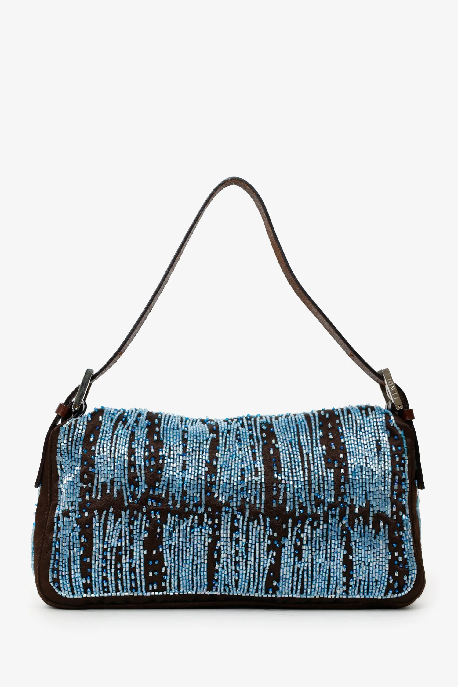 Fendi Brown/Blue Satin Beaded Baguette Shoulder Bag - Image 3