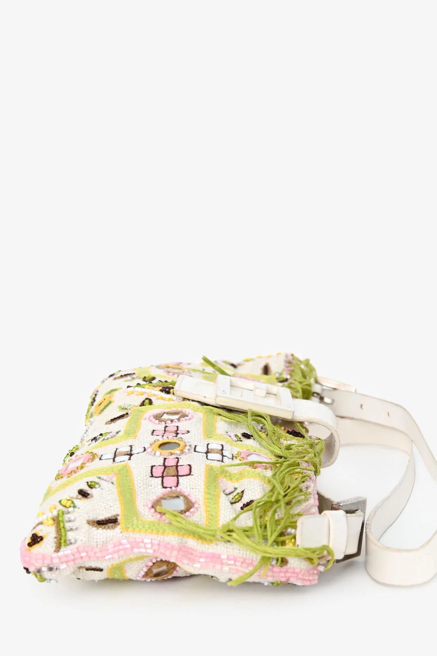 Fendi Limited Edition White/Green Fringe Beaded Embroidery Baguette Pochette - Image 4