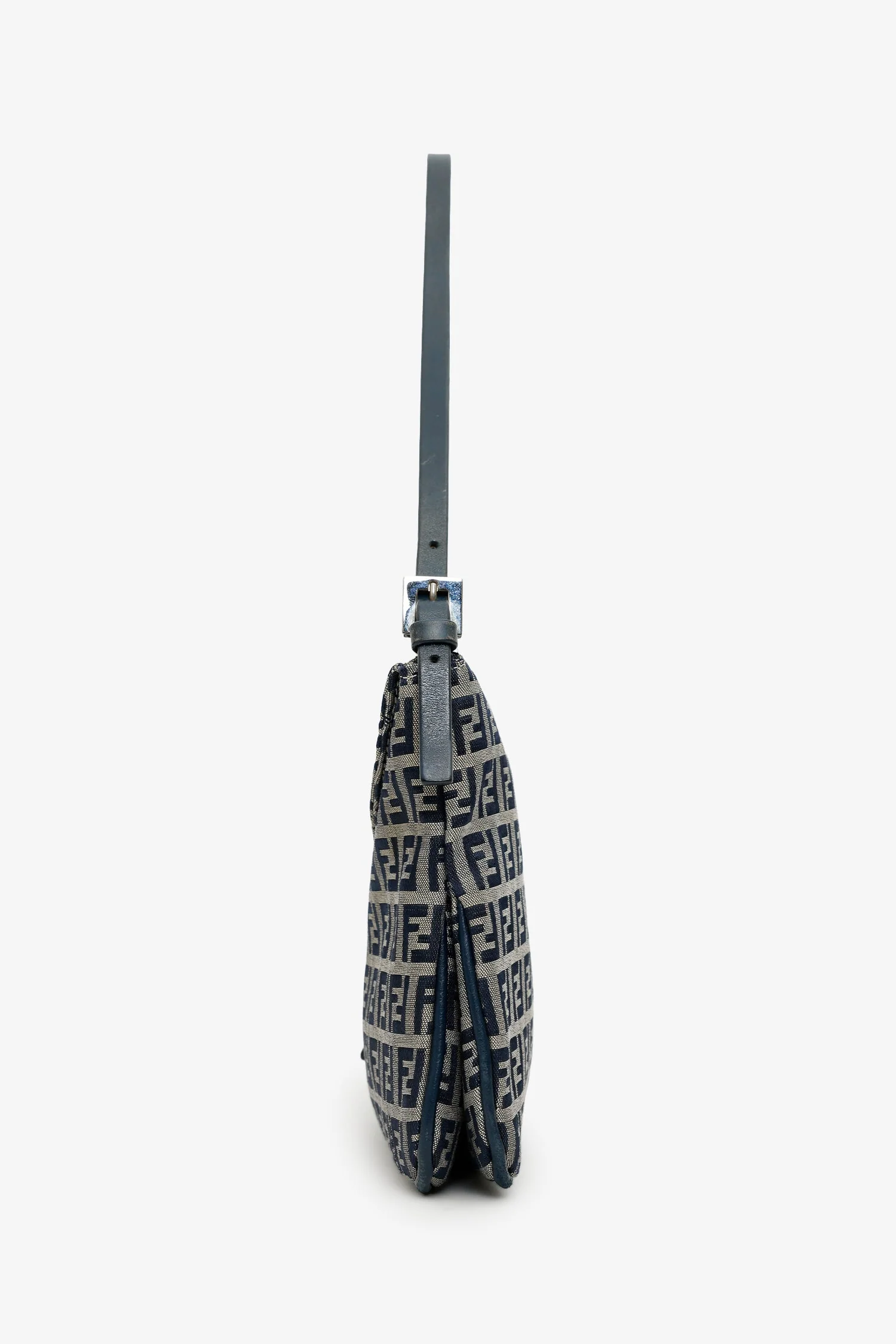 Fendi Navy Zucchino FF Double Flap Baguette Shoulder Bag - Image 4