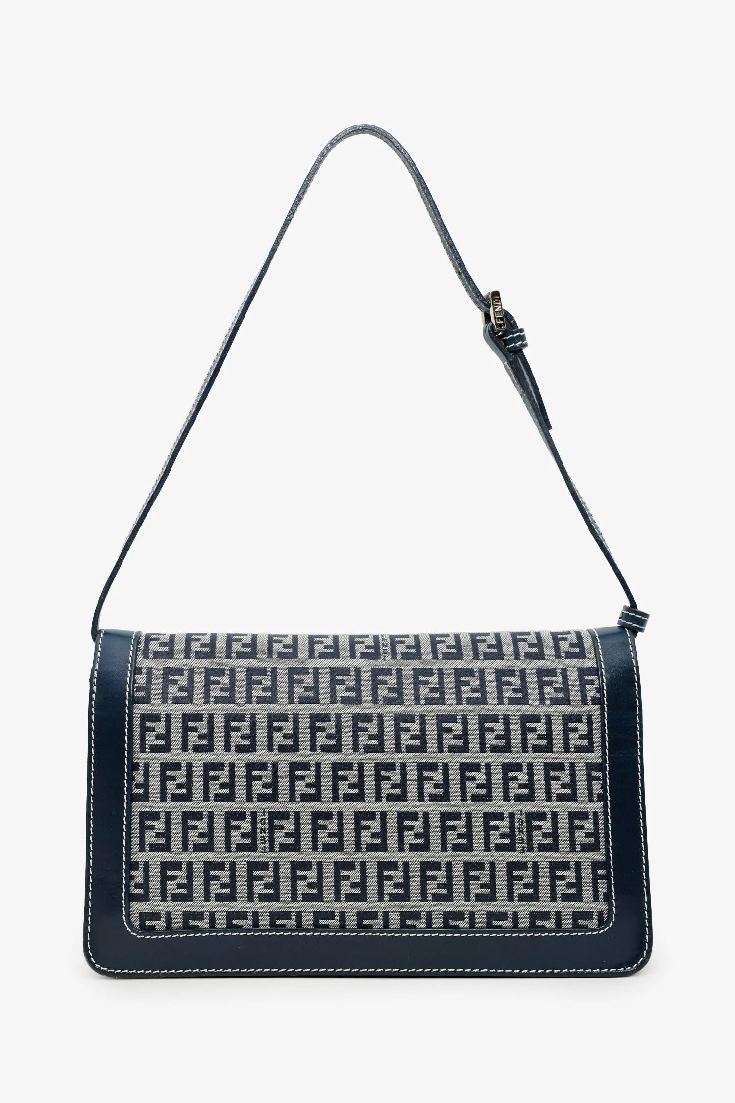 Fendi Navy Zucchino FF Leather Trimmed Baguette Shoulder Bag - Image 2