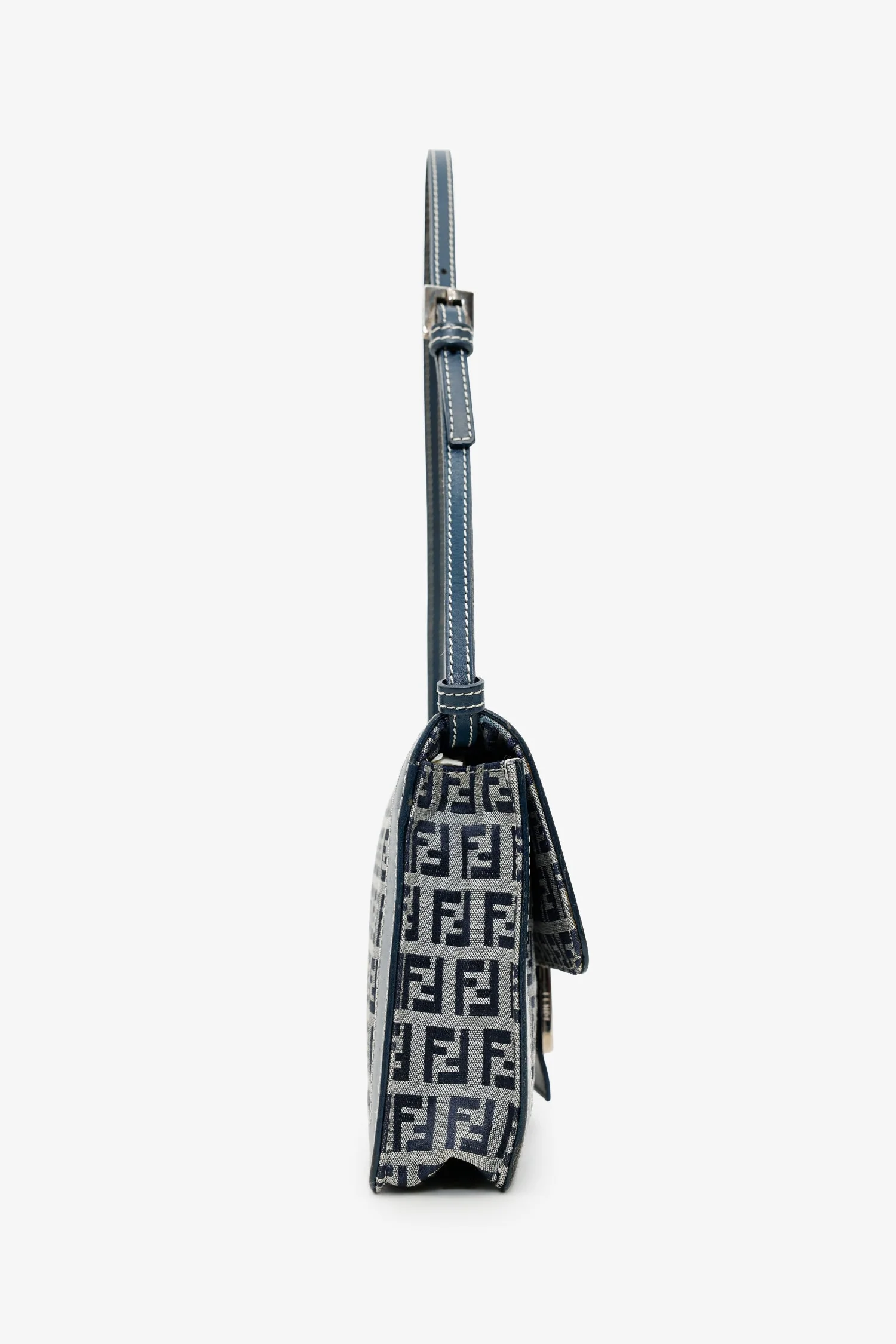 Fendi Navy Zucchino FF Leather Trimmed Baguette Shoulder Bag - Image 3