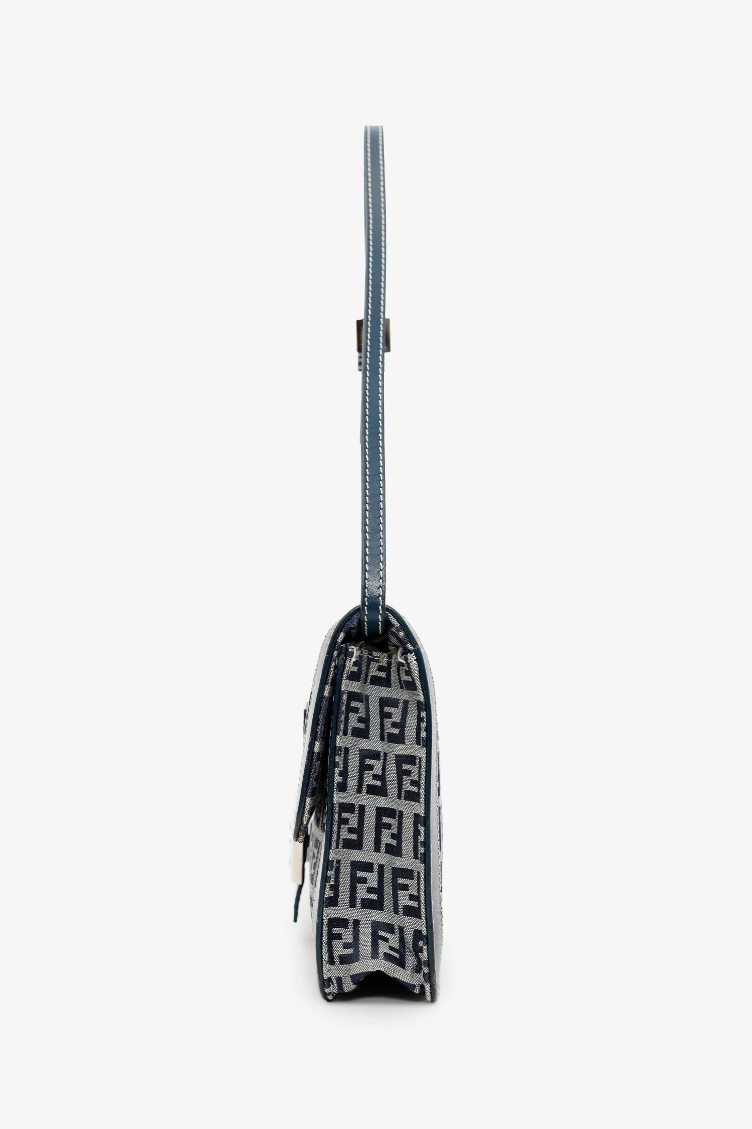 Fendi Navy Zucchino FF Leather Trimmed Baguette Shoulder Bag - Image 4