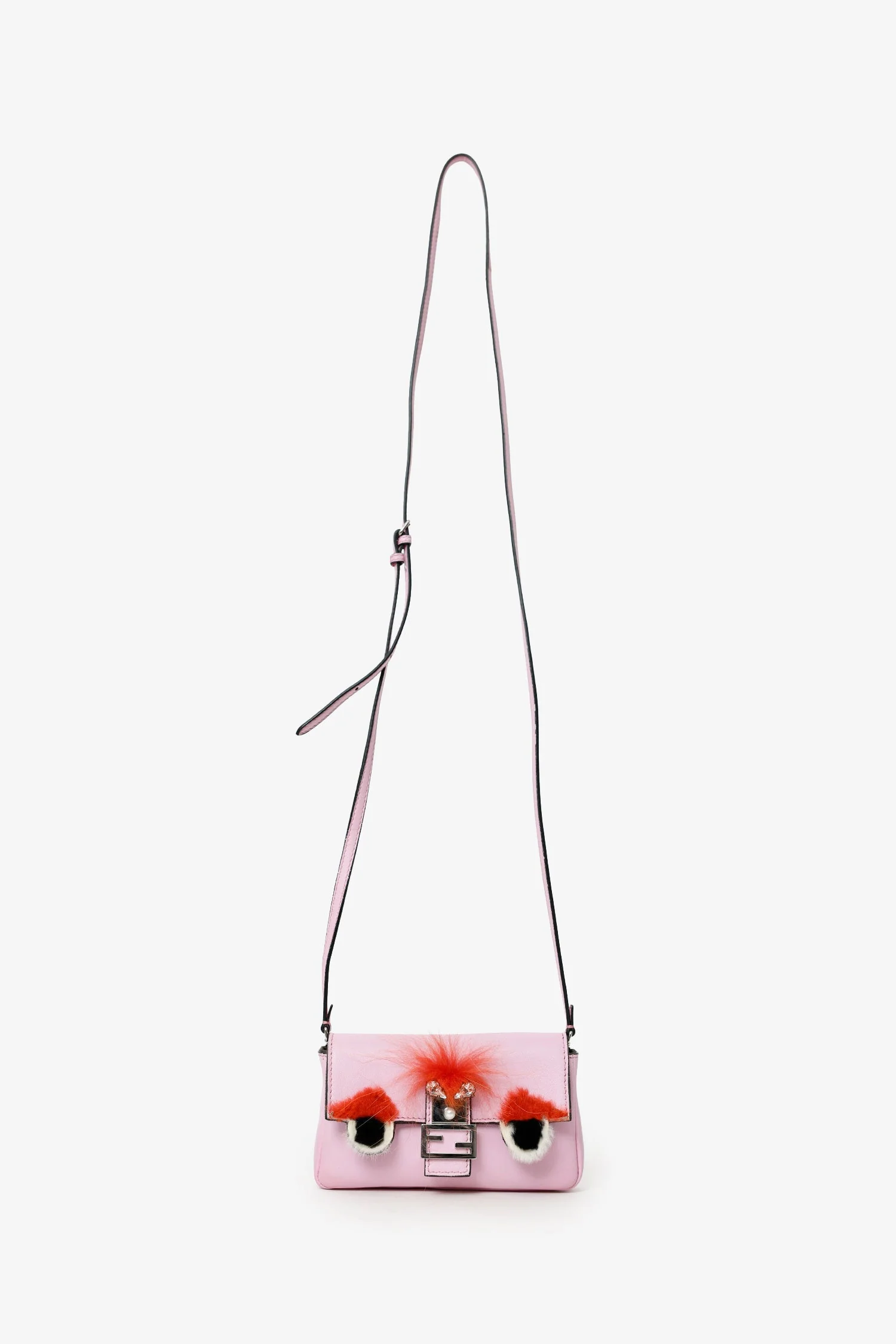 Fendi Pink Leather Crystal/Fur Micro 'Monster' Baguette With Strap - Image 6
