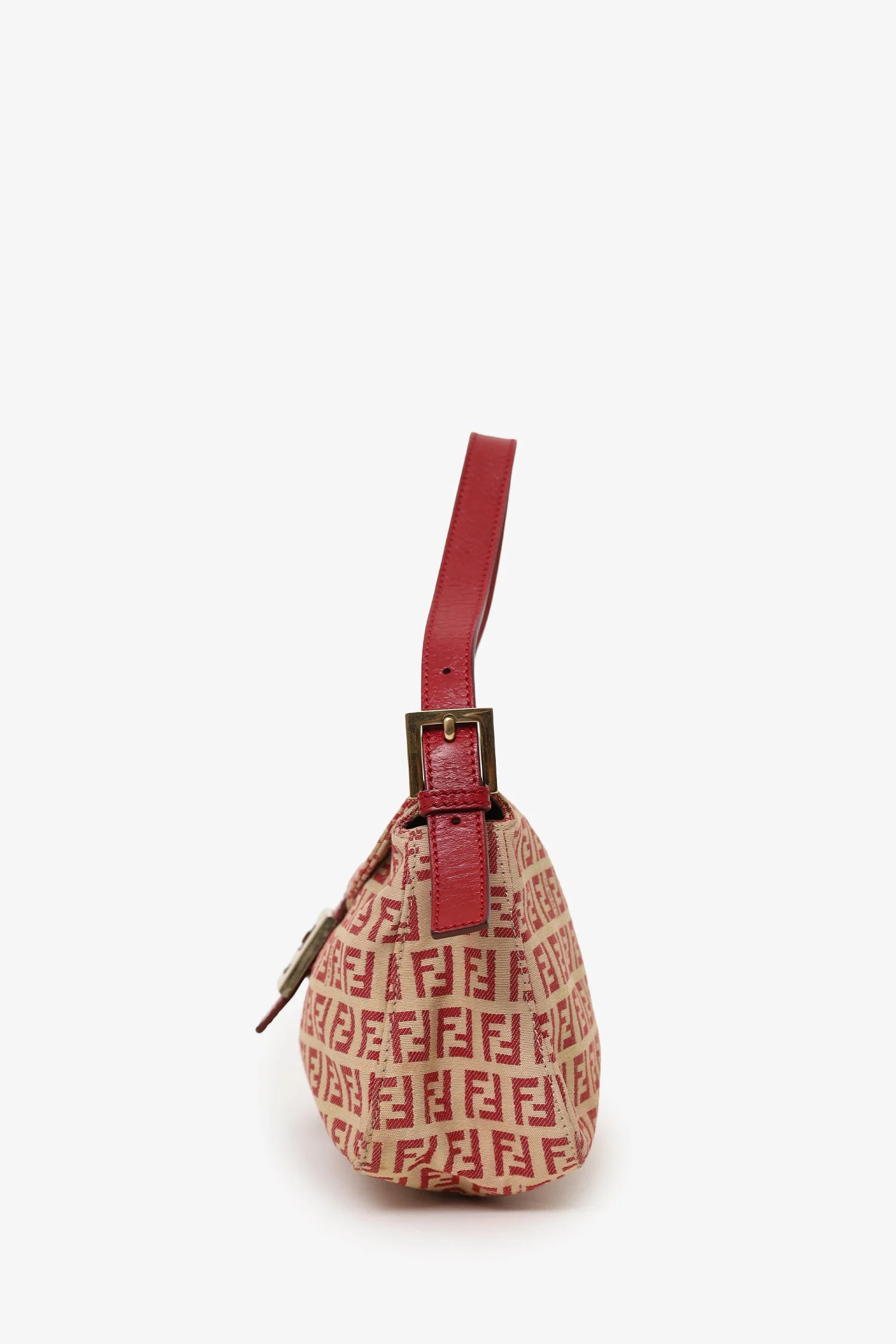 Fendi Red/Beige FF Zucca Canvas Double Flap Baguette Shoulder Bag - Image 4