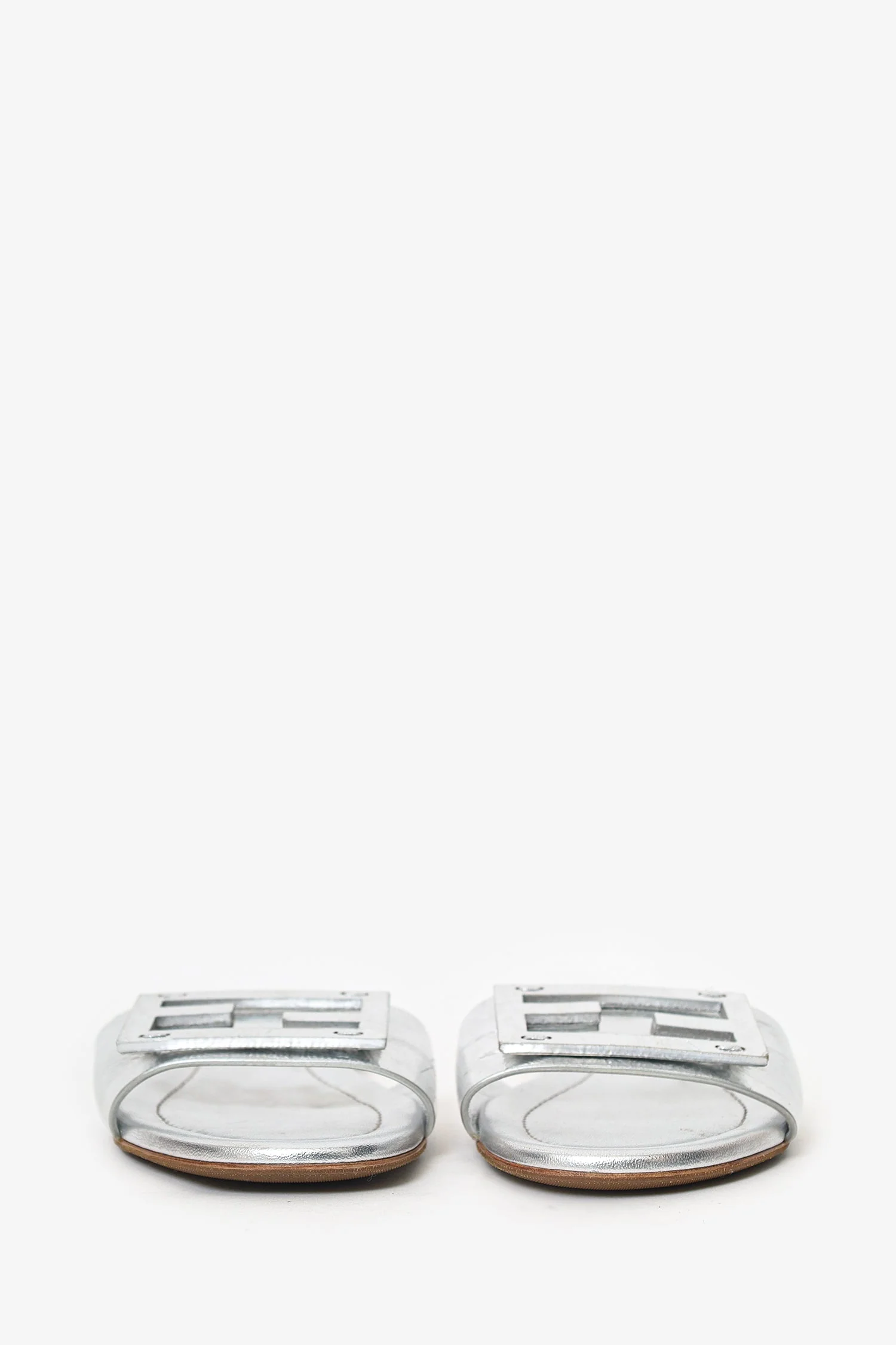 Fendi Silver Metallic Leather Baguette Slide Sandal Size 37 - Image 3