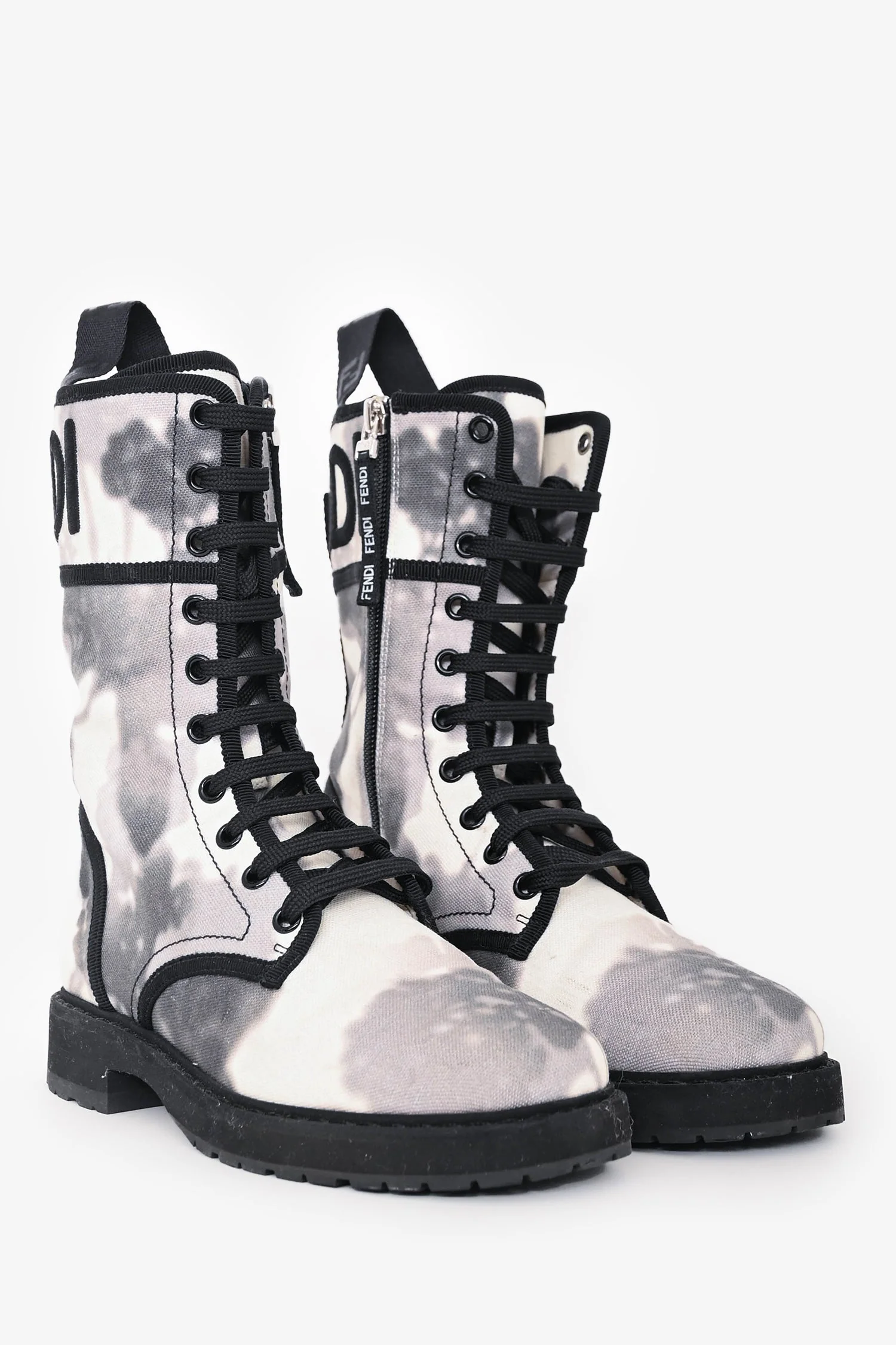 Fendi White/Grey Canvas Printed Combat Boots Size 36 - Image 2