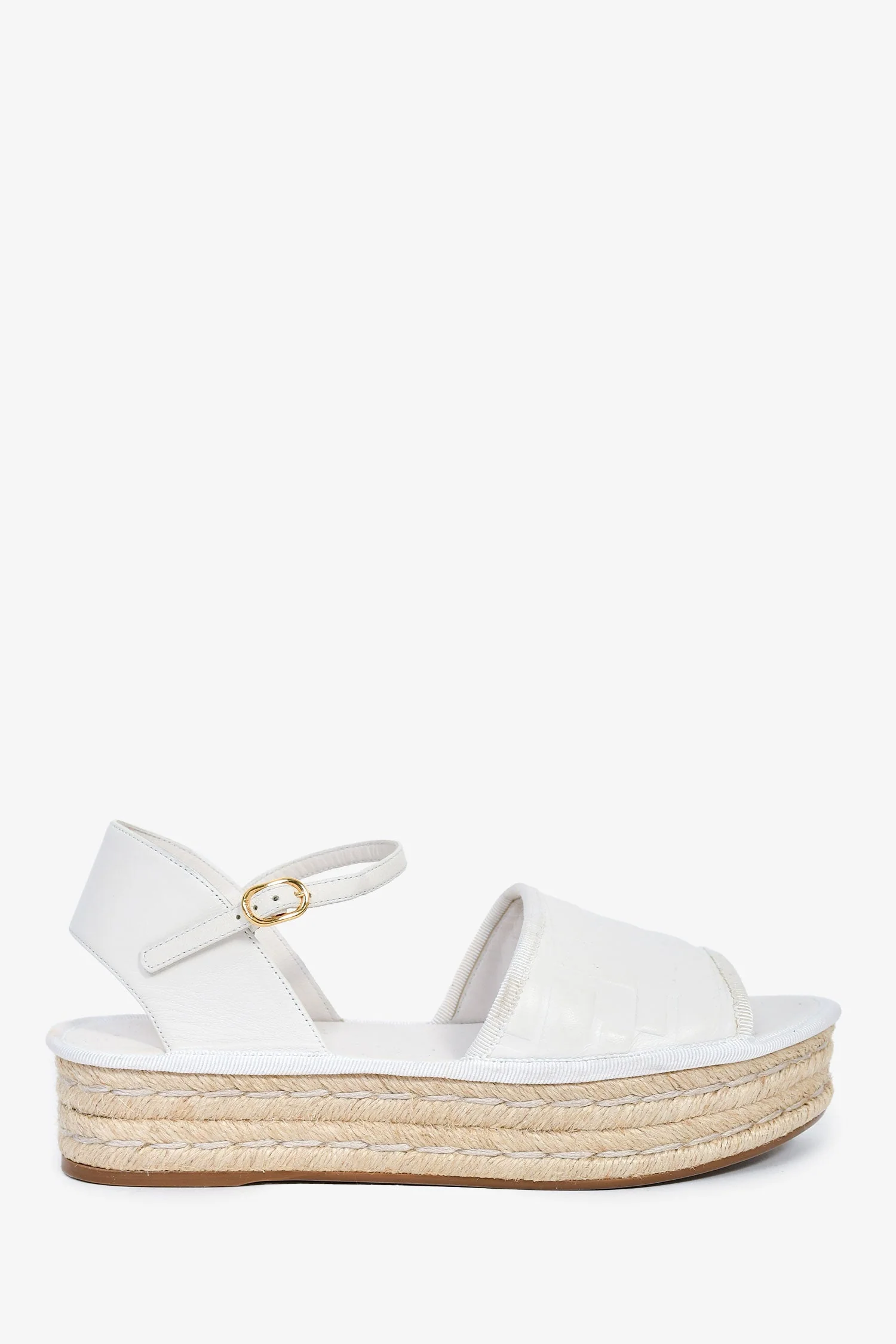 Fendi White Zucca Leather Espadrille Platform Sandals Size 35.5