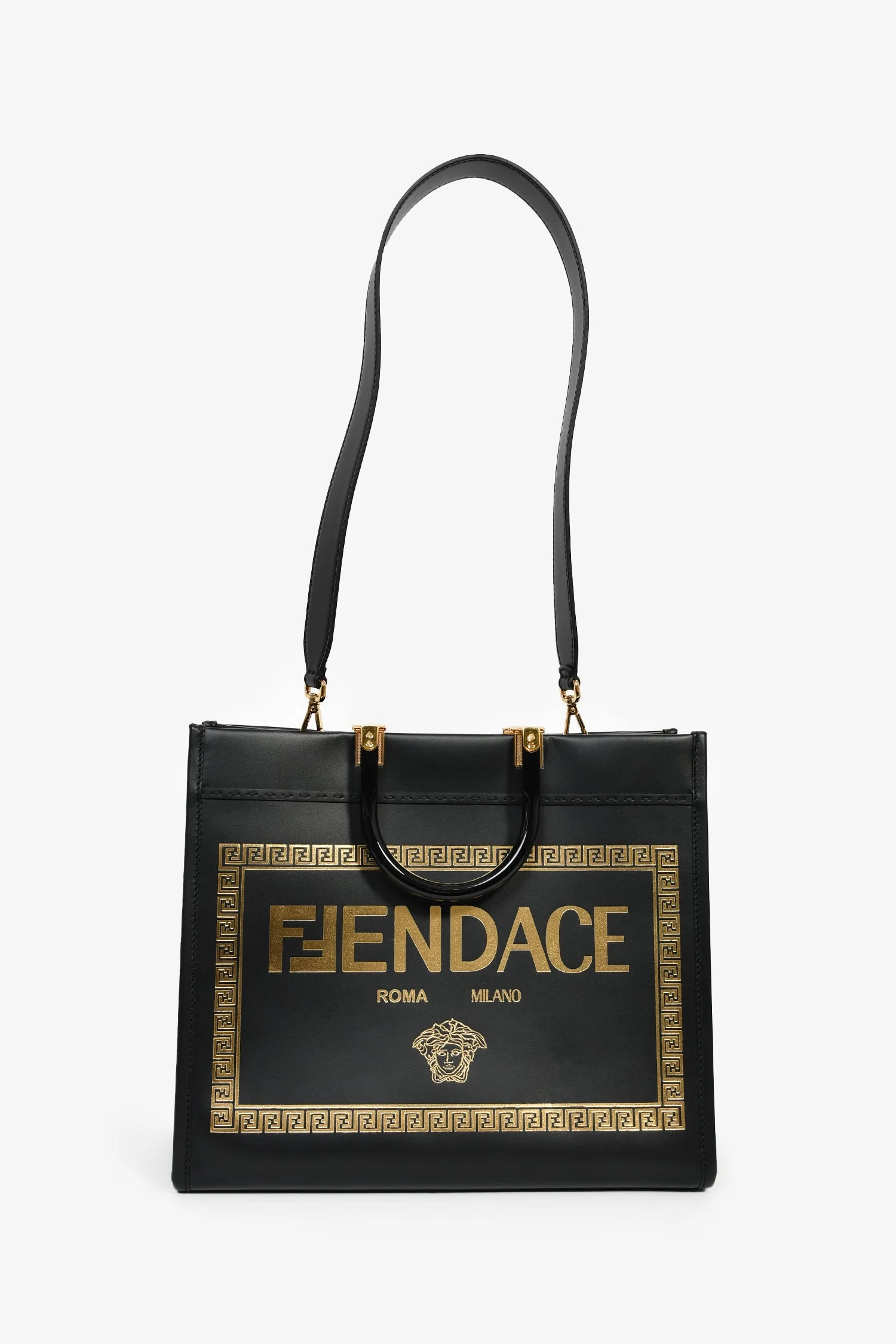 Fendi x Versace Black Leather 'Fendace Sunshine Shopper' Tote - Image 7
