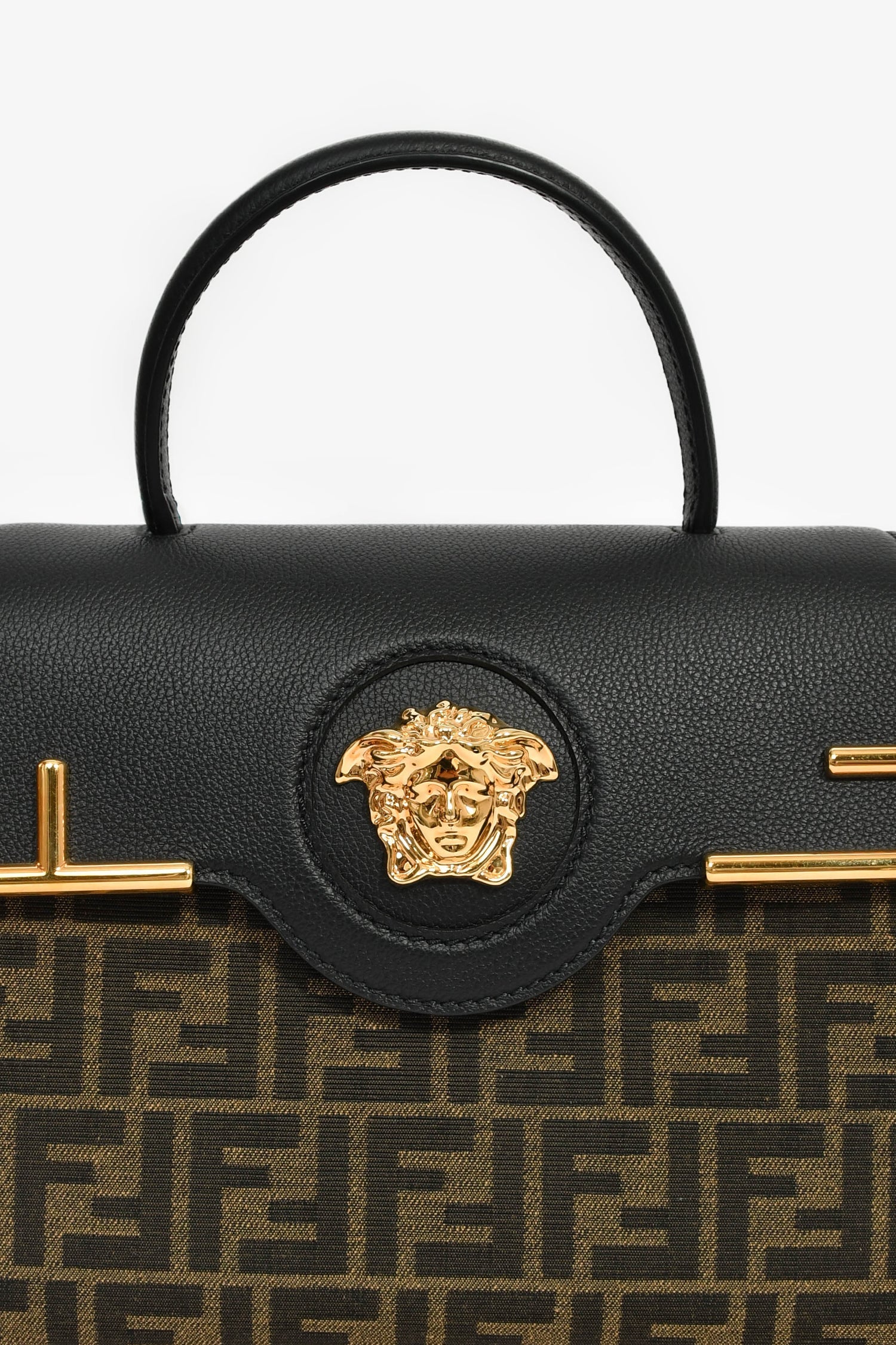 Fendi x Versace Black Leather/Zucca Top Handle Bag with Strap - Image 6