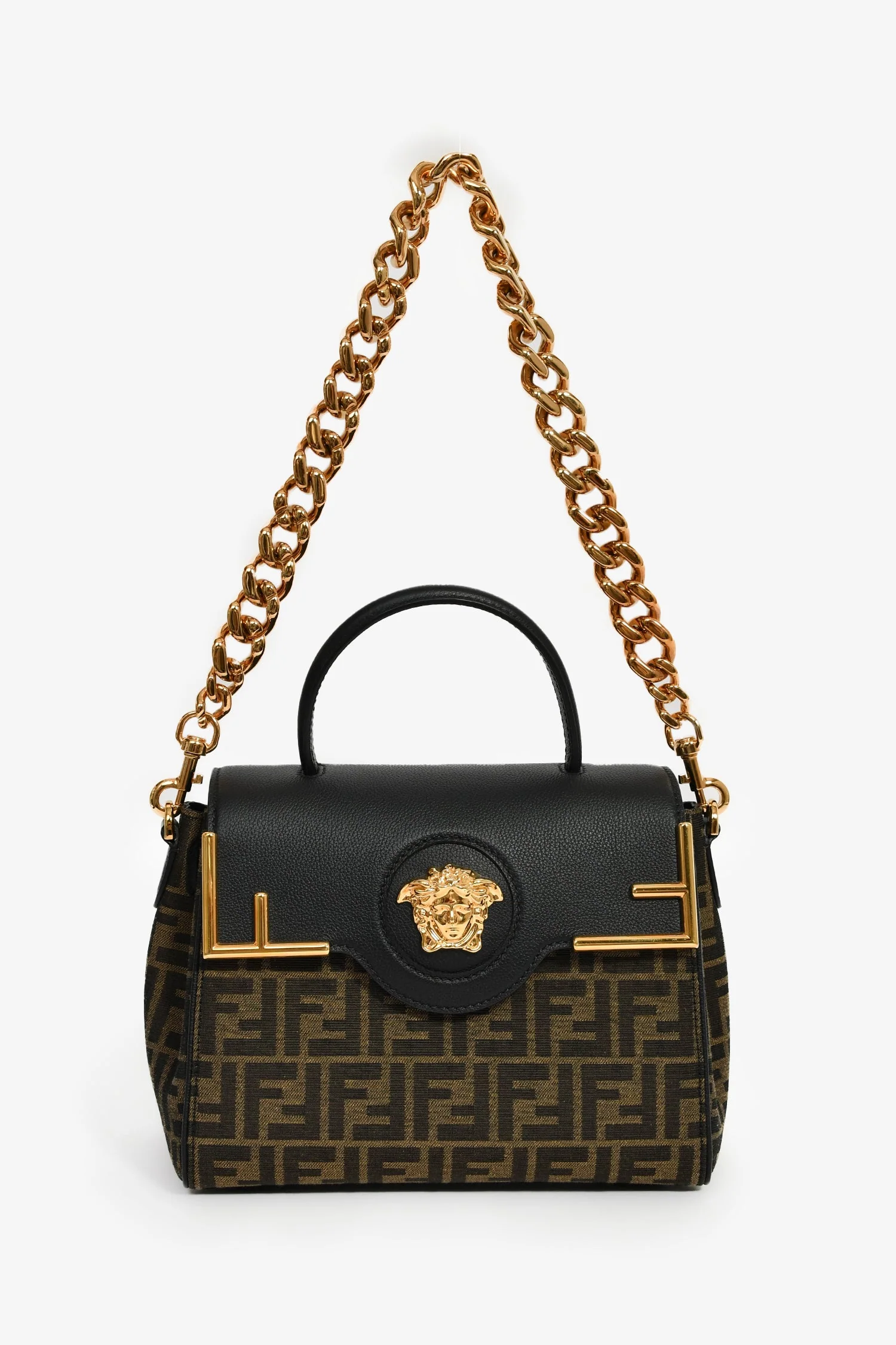 Fendi x Versace Black Leather/Zucca Top Handle Bag with Strap - Image 8