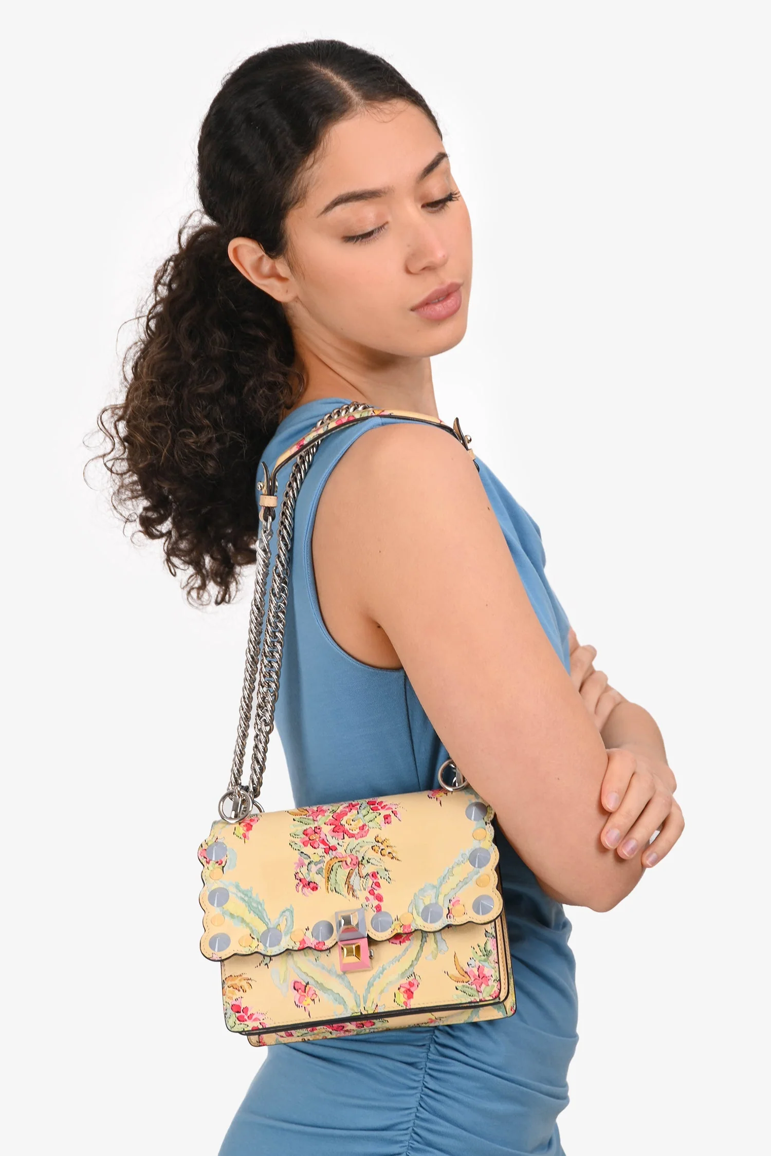 Fendi Yellow Leather Marie Antoinette Print Small Kan I Crossbody Bag - Image 8