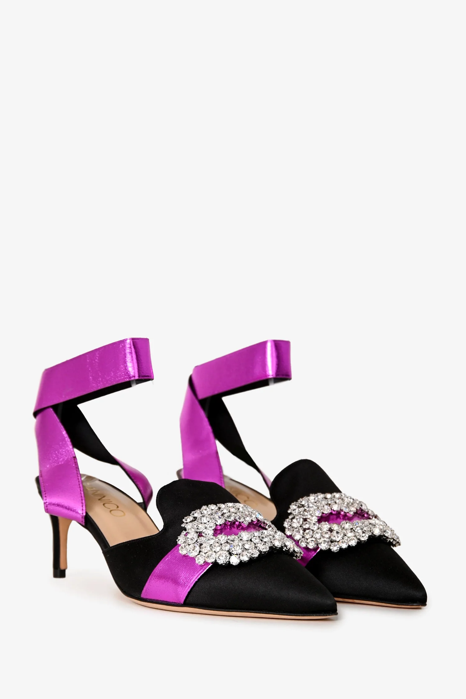 Giannico Black Suede Purple Satin Crystal Embellished Mule Heels Size 37 - Image 2