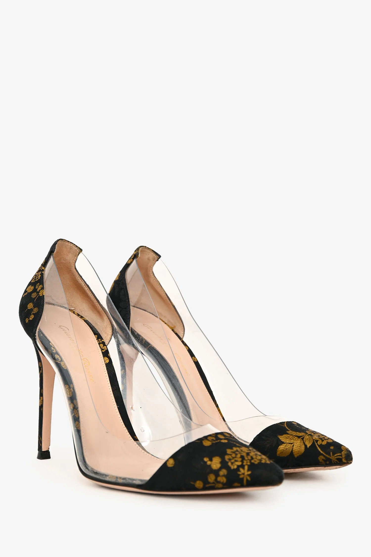 Gianvito Rossi Black/Gold Floral Satin Brocade PVC Pumps Size 38 - Image 2
