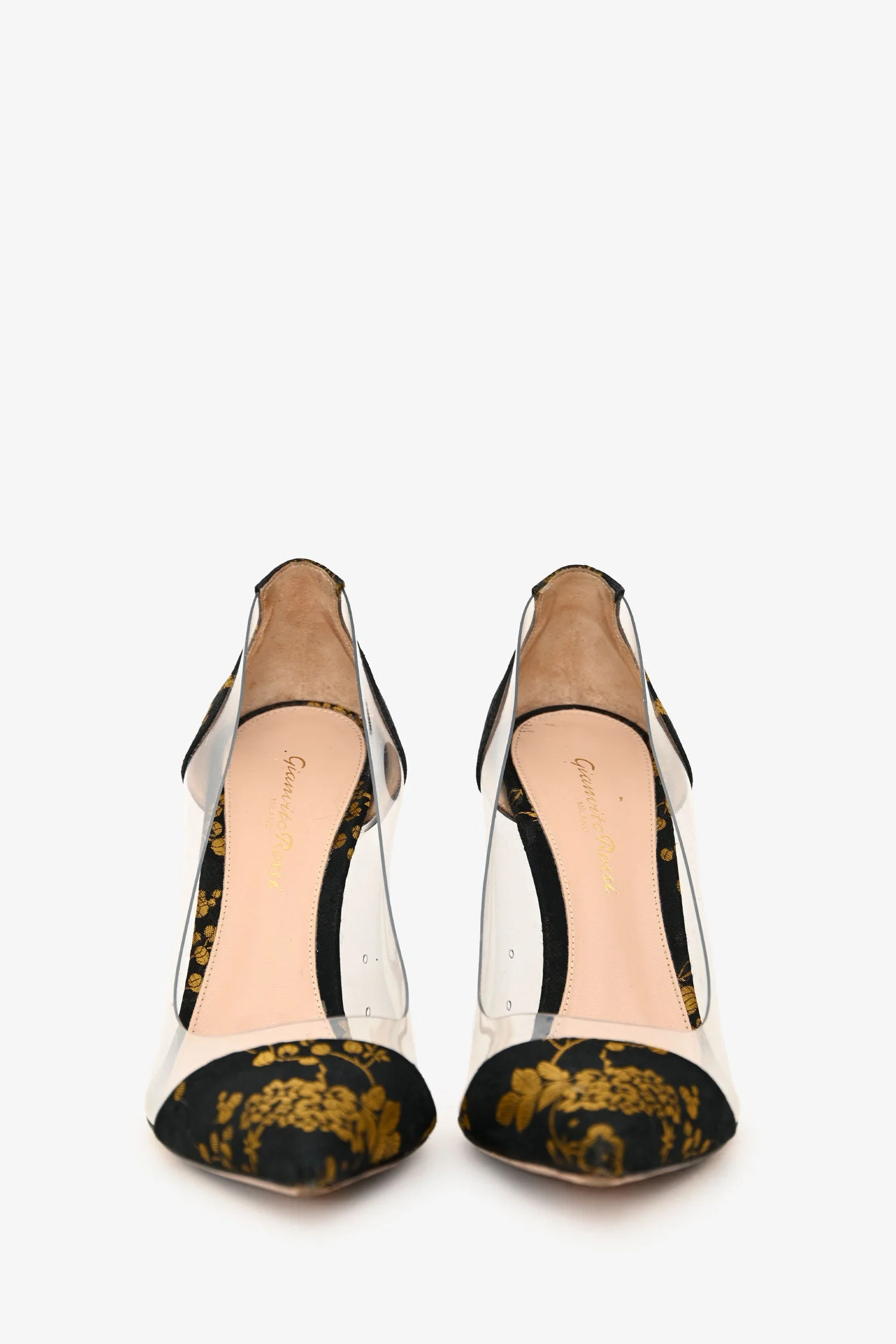 Gianvito Rossi Black/Gold Floral Satin Brocade PVC Pumps Size 38 - Image 3
