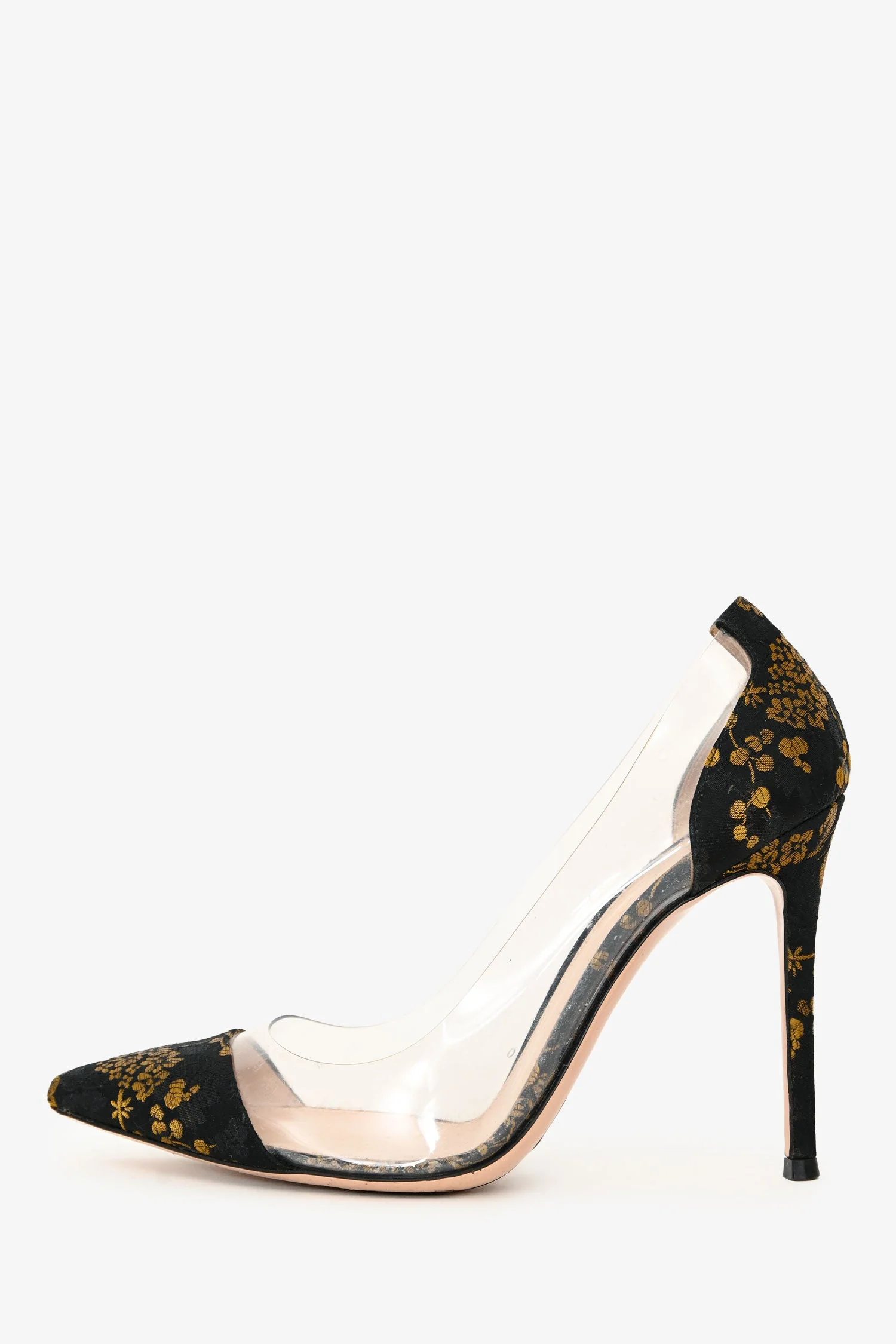 Gianvito Rossi Black/Gold Floral Satin Brocade PVC Pumps Size 38 - Image 4