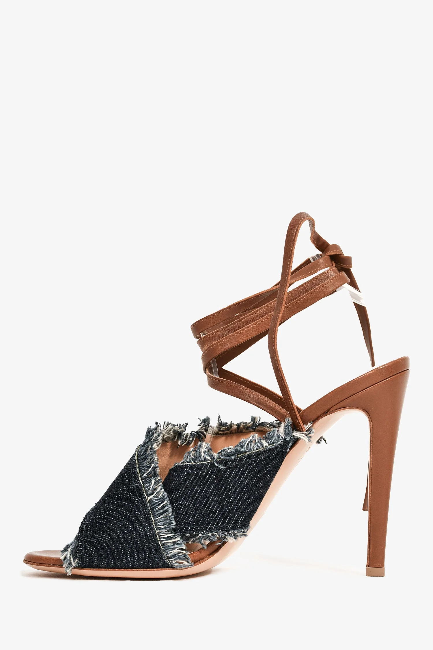 Gianvito Rossi Dark Denim/Brown Leather Wrap Heels Size 39.5 - Image 4