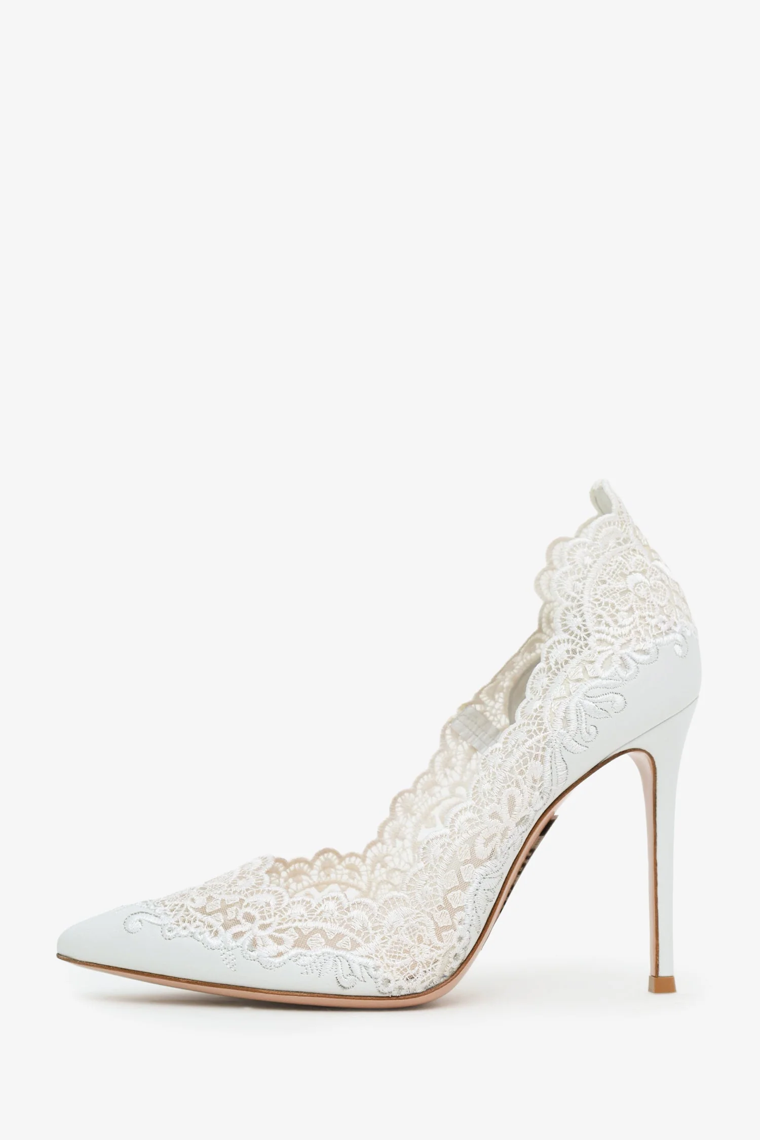 Gianvito Rossi White Leather Lace 'Evie' Pointed Toe Heels Size 38 - Image 4