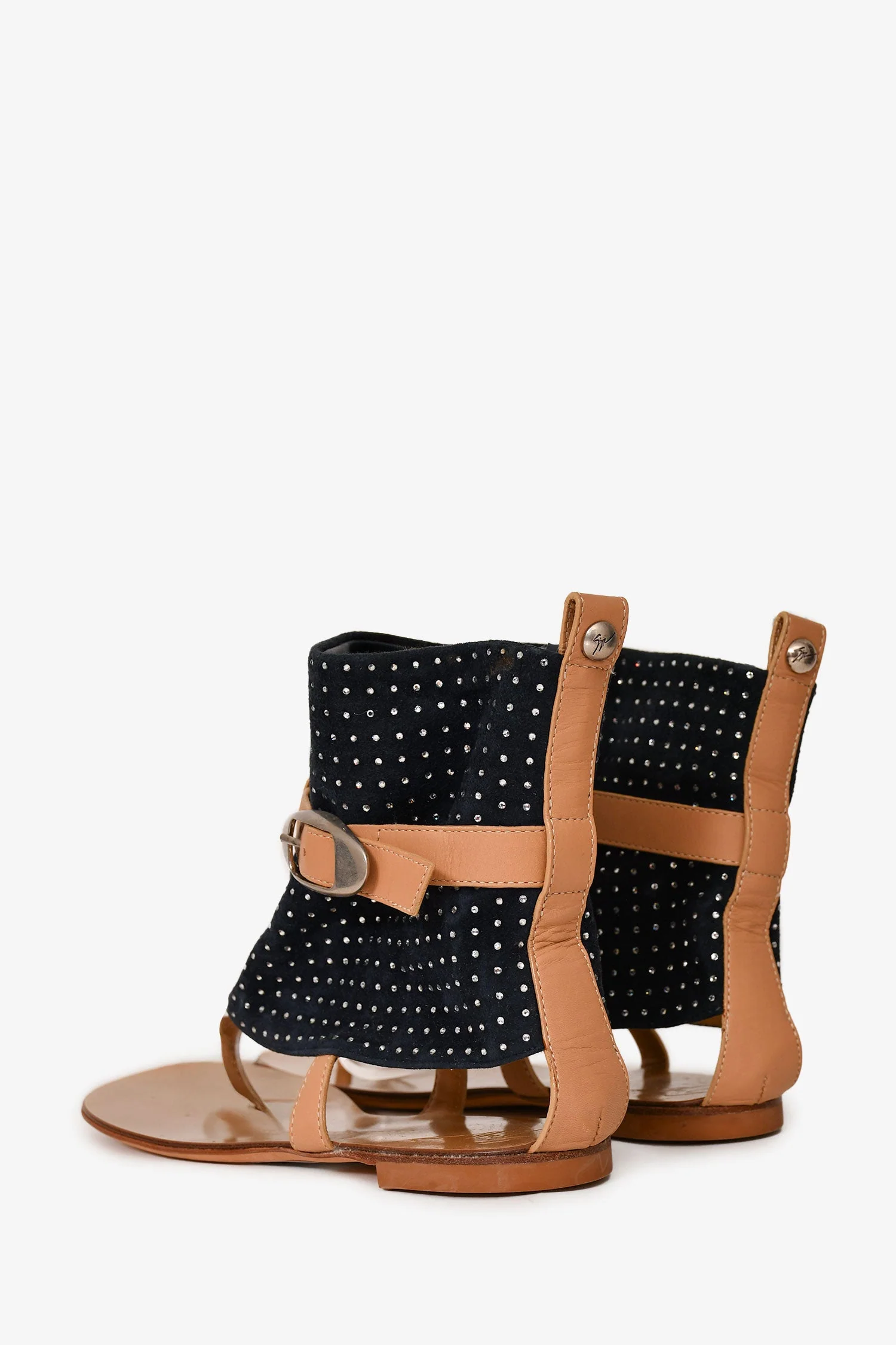 Giuseppe Zanotti Beige/Navy Suede/Leather Crystal Embellished Sandals Size 36 - Image 4