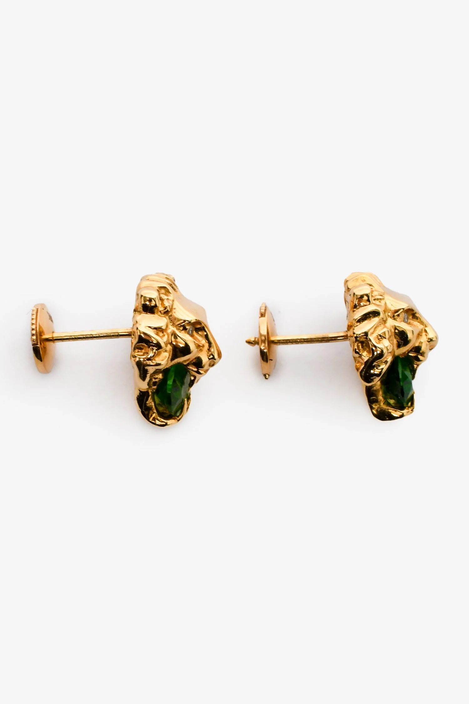 Gucci 18K Yellow Gold/Chrome Diopside/Diamond Set Lion Head Earrings - Image 3