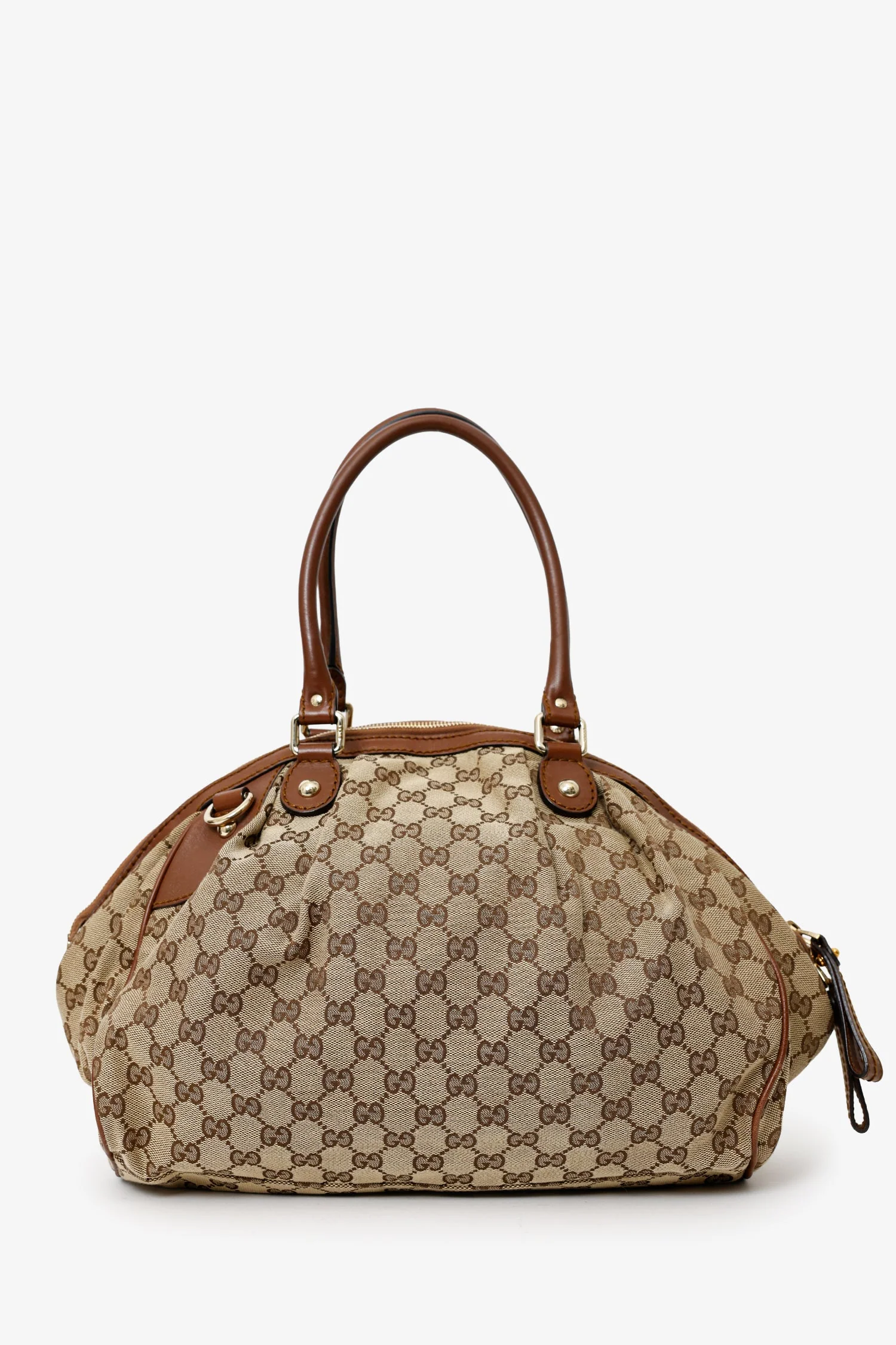 Gucci Beige/Brown GG Canvas Leather Trimmed Sukey Top Handle With Strap - Image 2