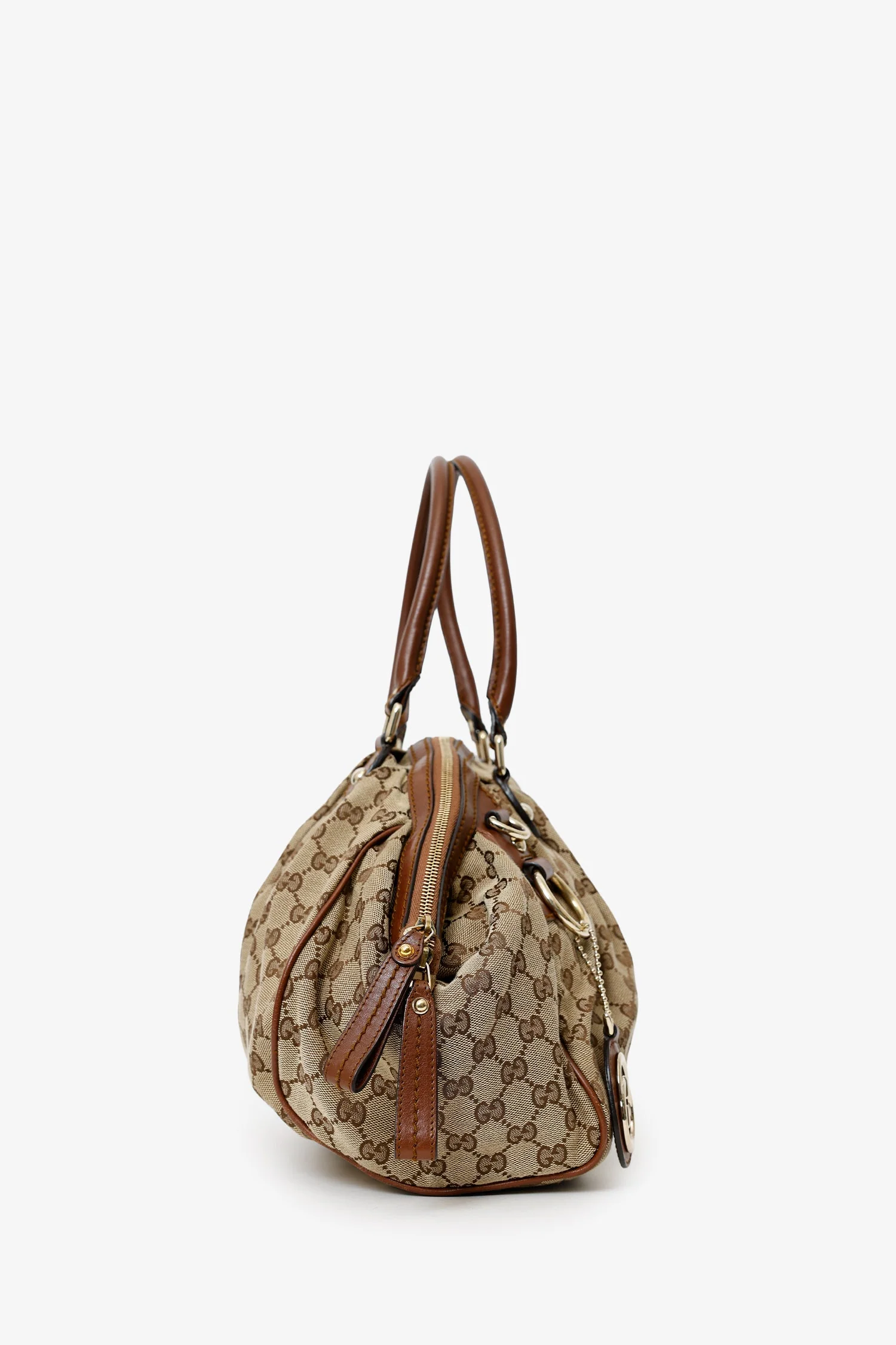 Gucci Beige/Brown GG Canvas Leather Trimmed Sukey Top Handle With Strap - Image 3