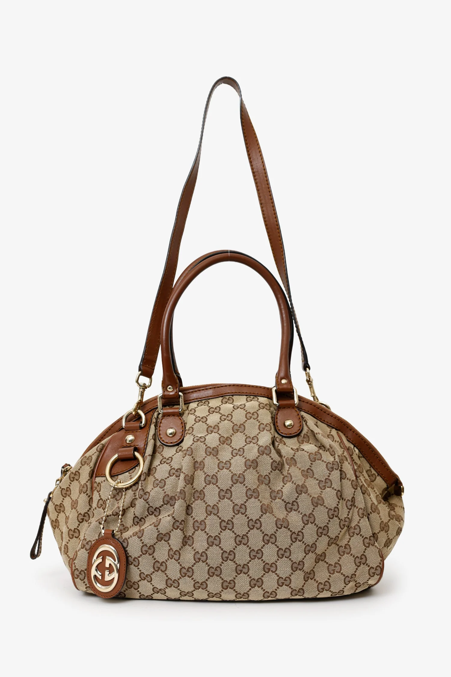Gucci Beige/Brown GG Canvas Leather Trimmed Sukey Top Handle With Strap - Image 6