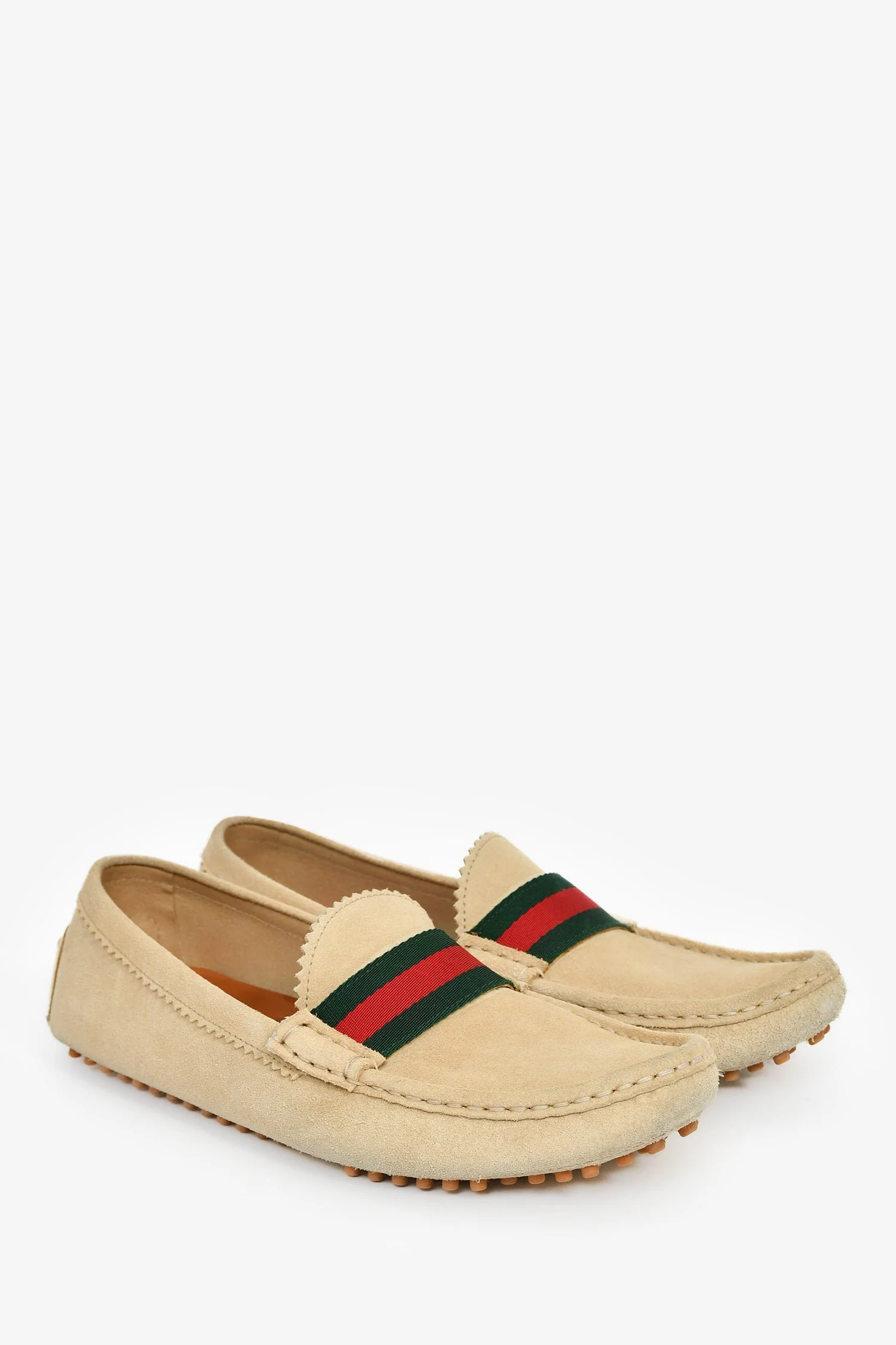Gucci Beige Suede Web Stripe Driving Loafers Size 38 - Image 2