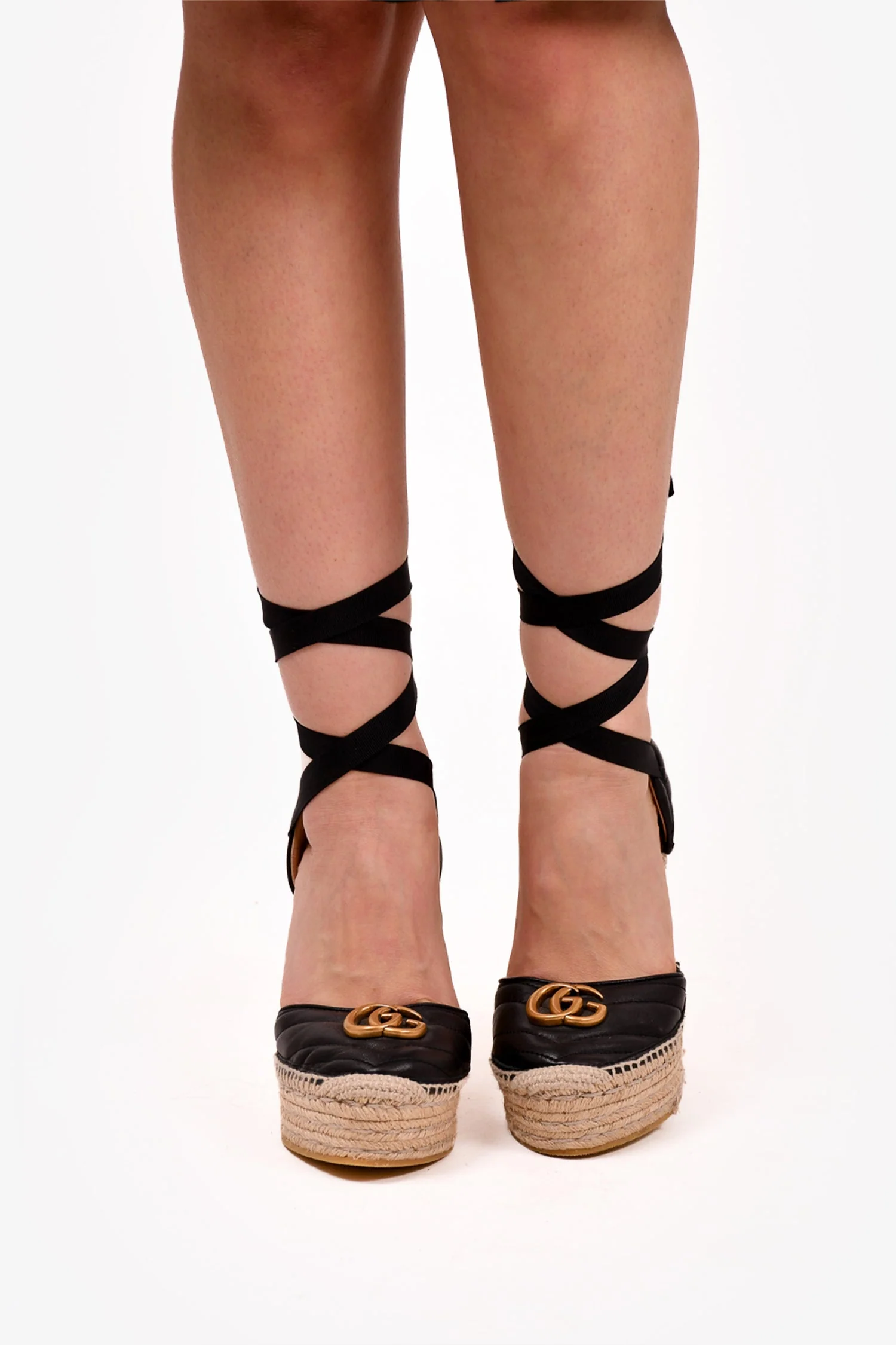 Gucci Black Chevron Leather Marmont Espadrille Wedges Size 38.5 - Image 2