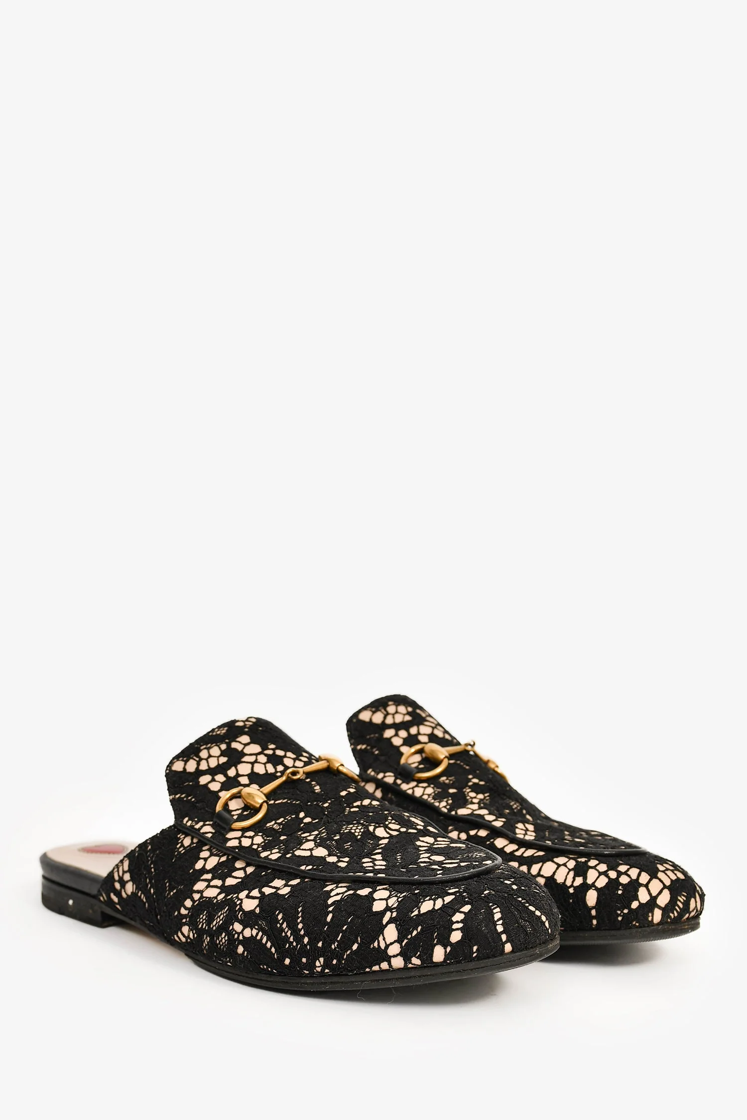 Gucci Black/Cream Lace Fabric Princetown Mules Size 38.5 - Image 2