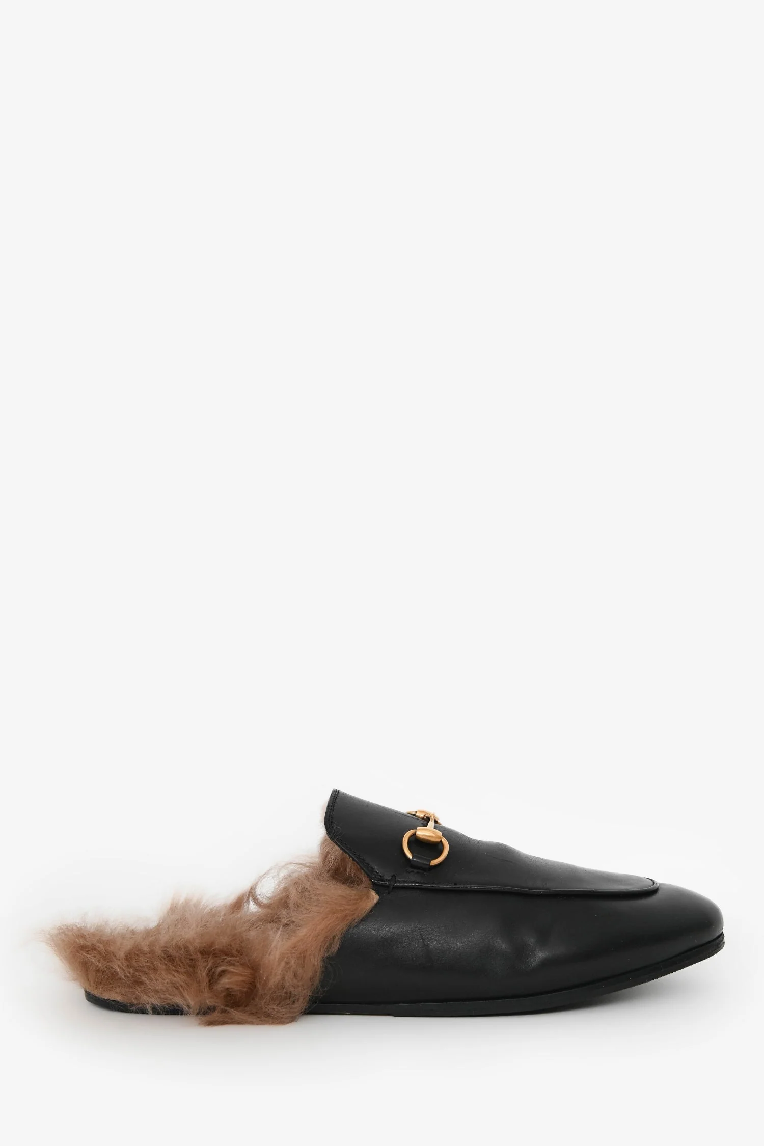 Gucci Black Fur Horsebit Princetown Slides Size 40
