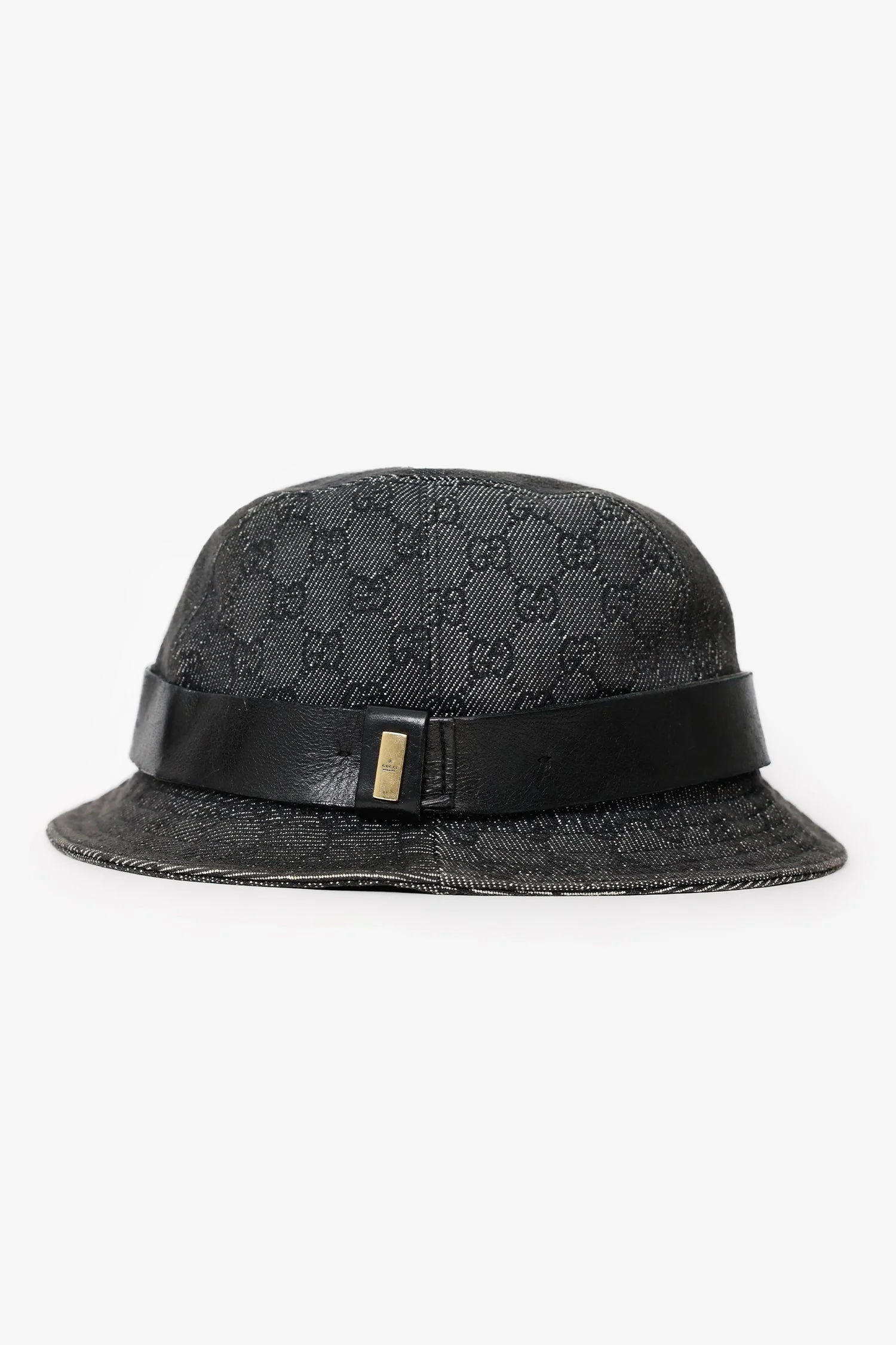 Gucci Black GG Monoram Denim Leather Trim Bucket Hat Size S - Image 2