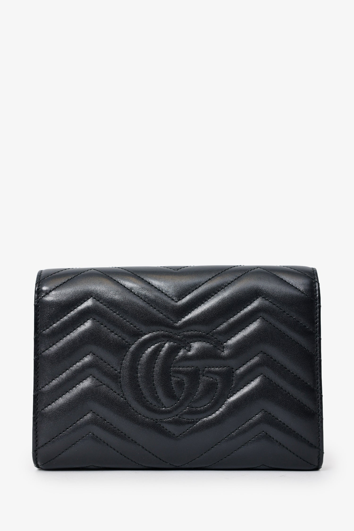 Gucci Black Leather Chevron GG Marmont Wallet on Chain - Image 3