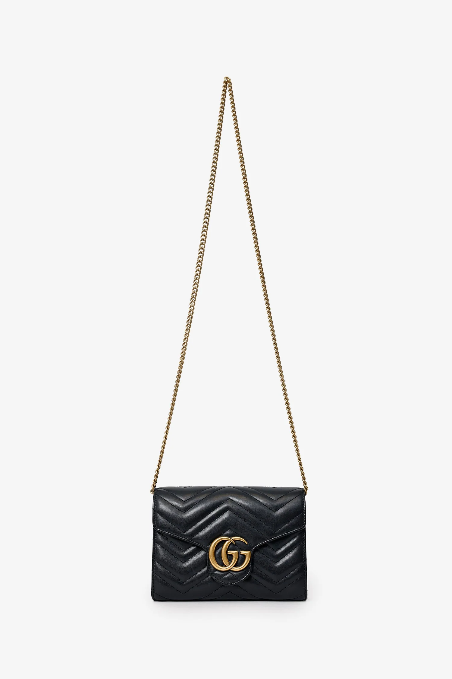 Gucci Black Leather Chevron GG Marmont Wallet on Chain - Image 6