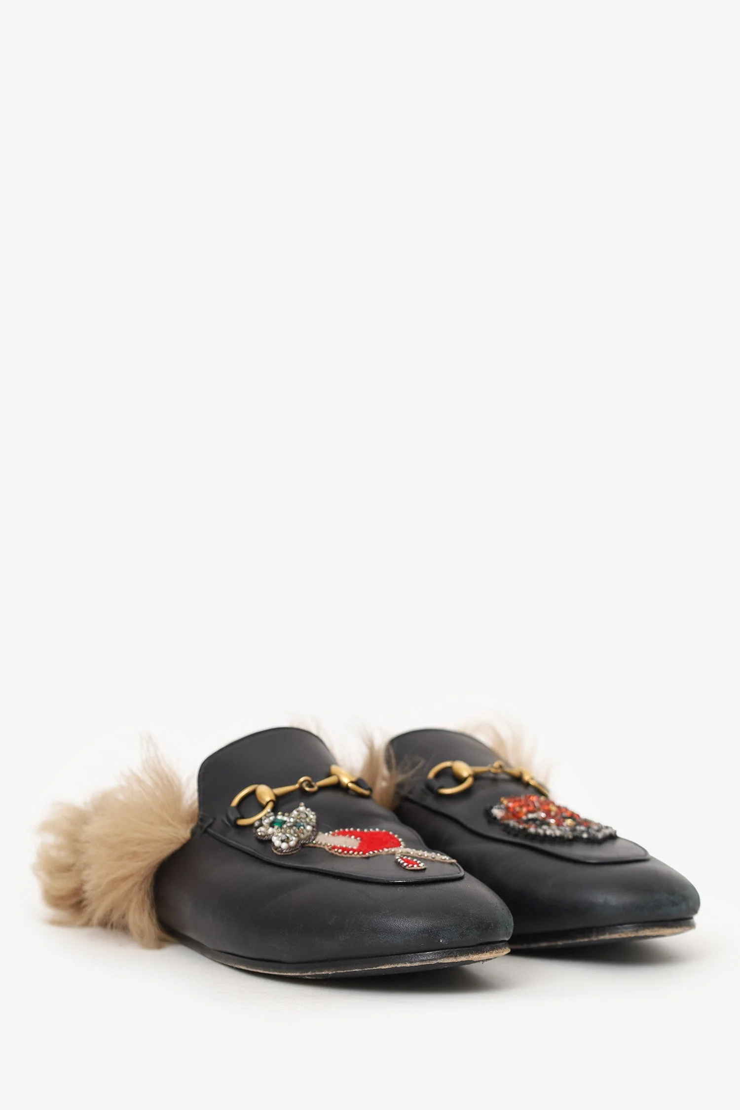 Gucci Black Leather Crystal Embellished Fur Princeton Slip-On Loafers Size 37 - Image 2
