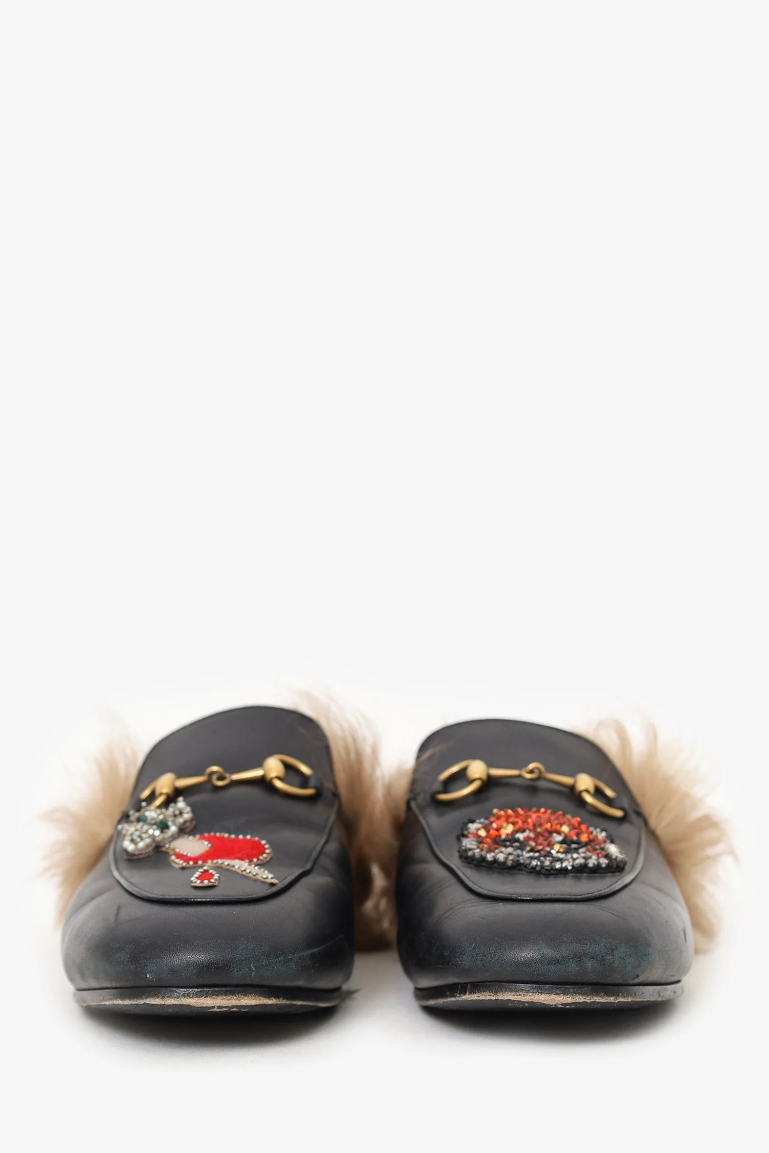 Gucci Black Leather Crystal Embellished Fur Princeton Slip-On Loafers Size 37 - Image 3
