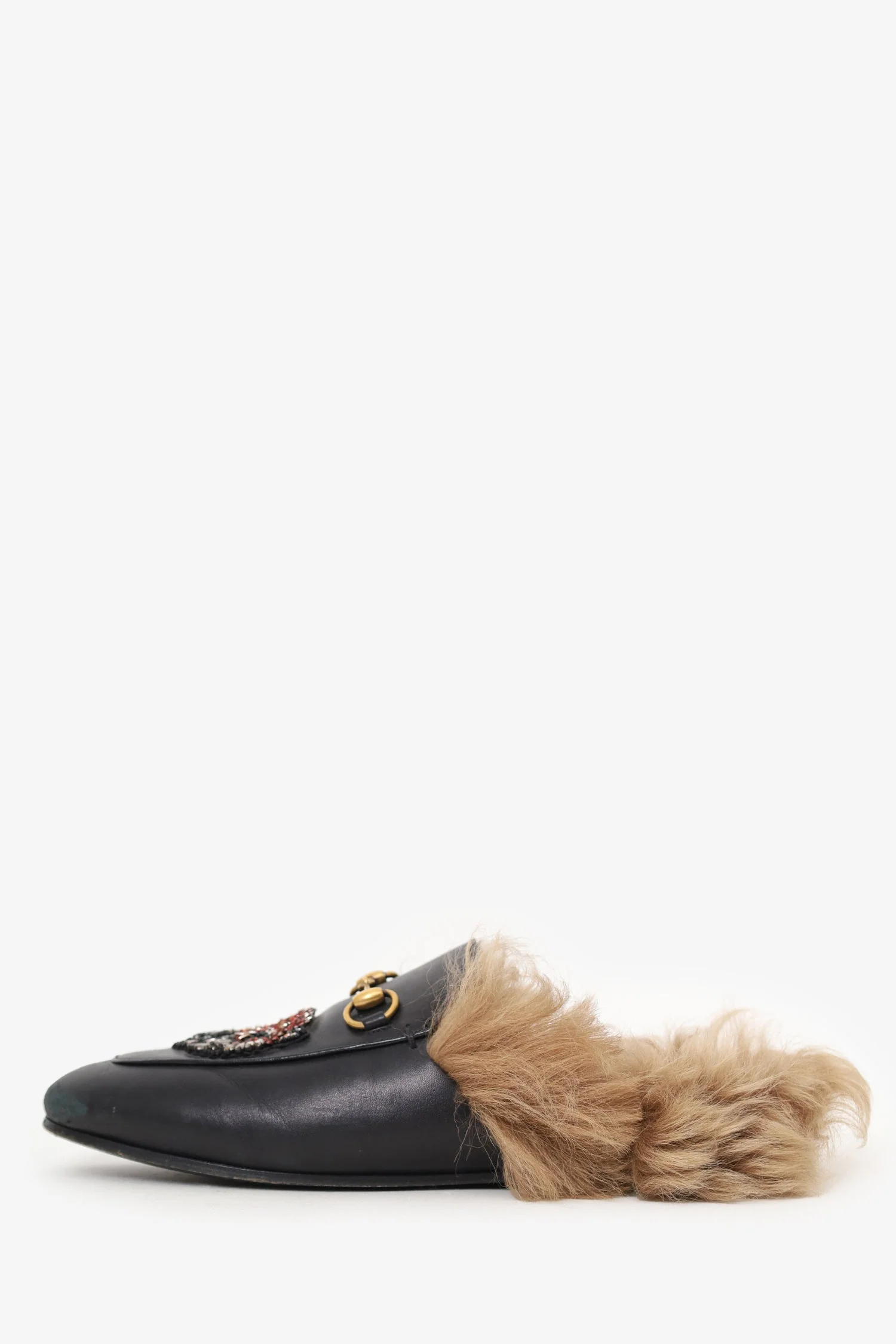 Gucci Black Leather Crystal Embellished Fur Princeton Slip-On Loafers Size 37 - Image 5