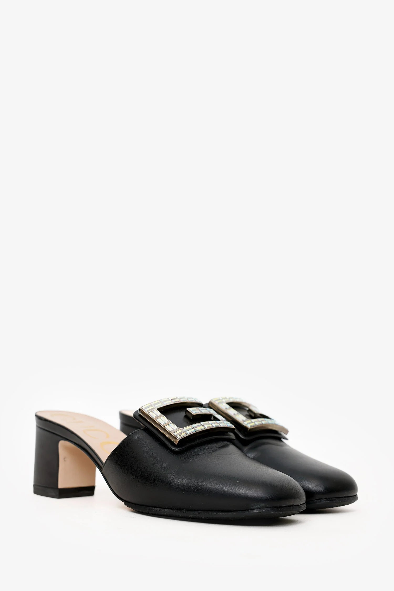Gucci Black Leather Crystal Square G Madelyn Mules Size 37.5 - Image 2