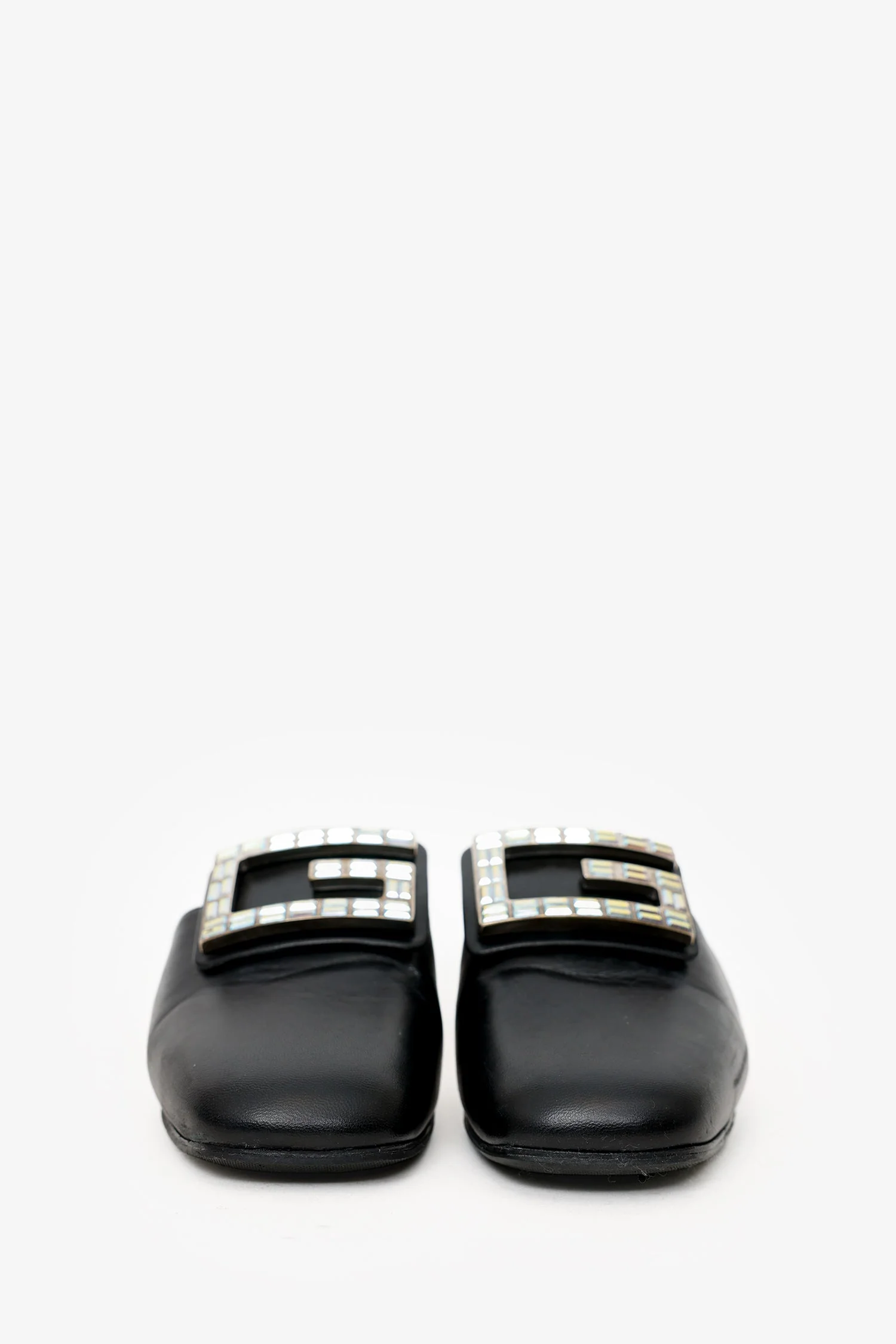 Gucci Black Leather Crystal Square G Madelyn Mules Size 37.5 - Image 3