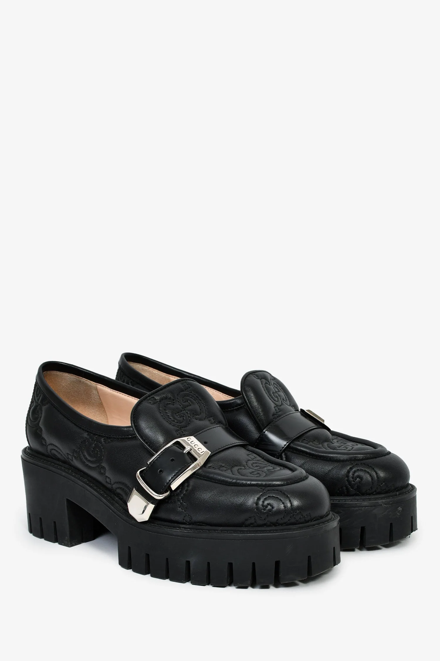 Gucci Black Leather GG Embossed Buckle Detail Platform Loafers Size 37 - Image 2