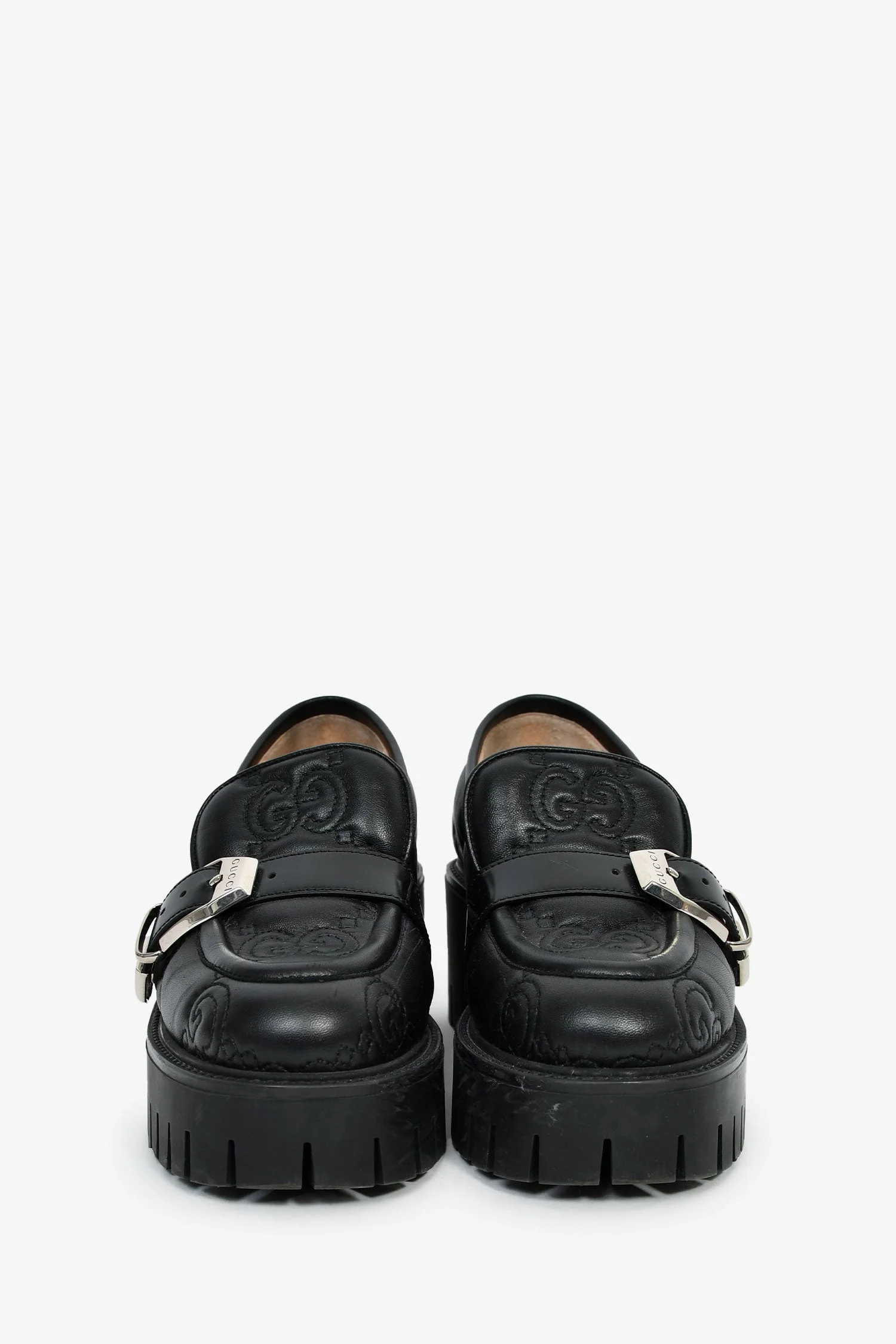 Gucci Black Leather GG Embossed Buckle Detail Platform Loafers Size 37 - Image 3