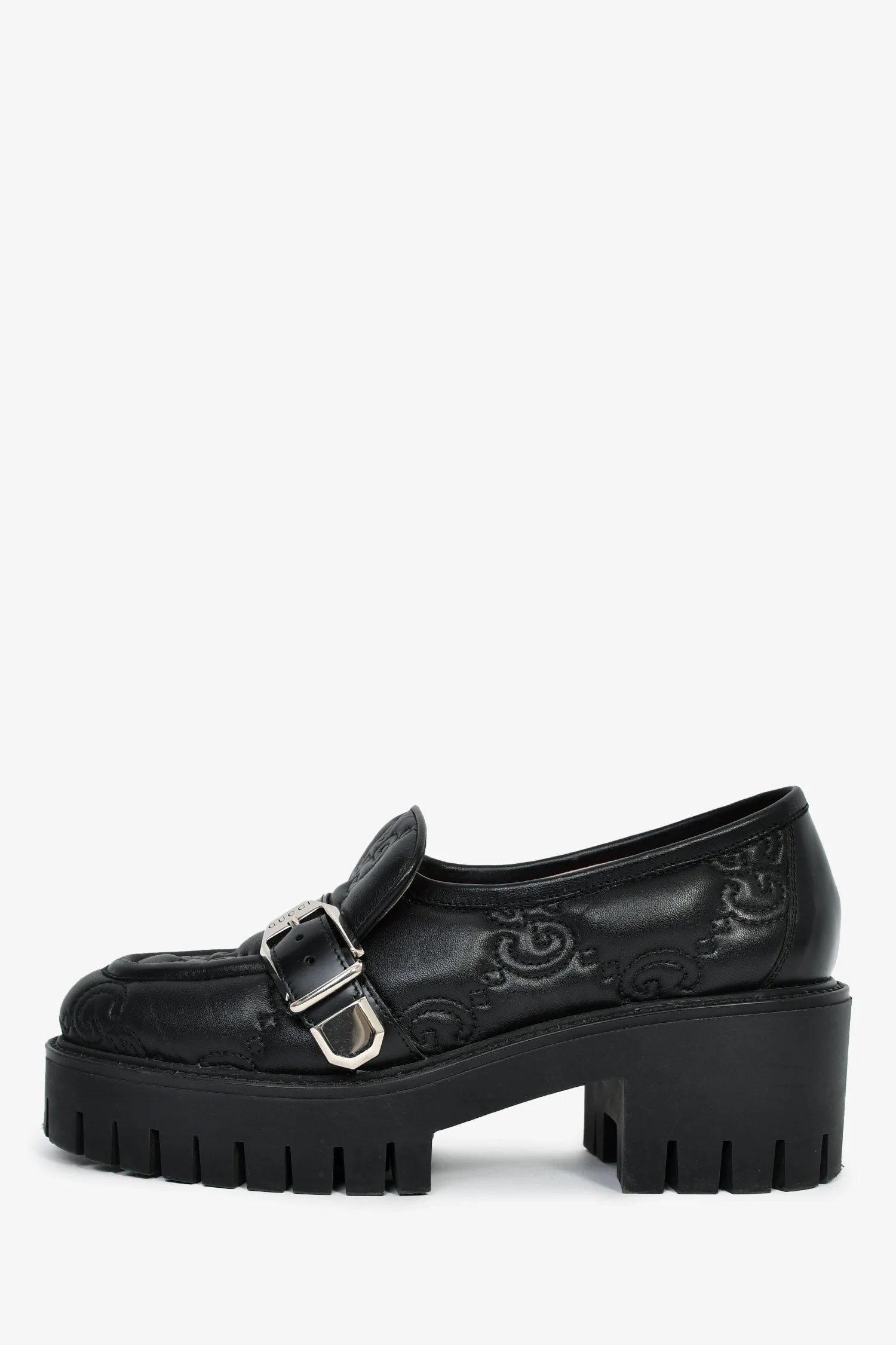 Gucci Black Leather GG Embossed Buckle Detail Platform Loafers Size 37 - Image 4