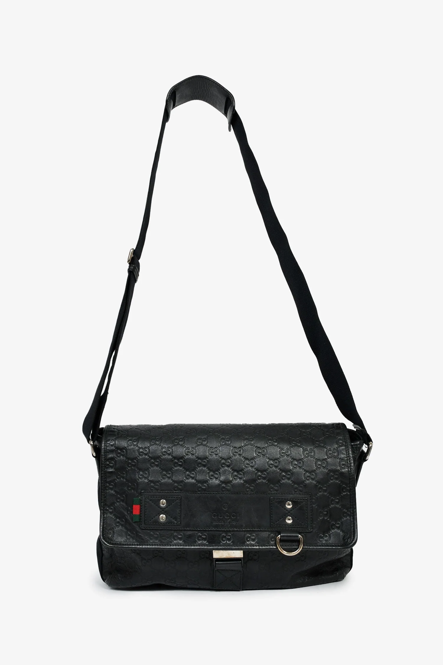 Gucci Black Leather GG Web Detail 'Guccissima' Messenger Bag - Image 7