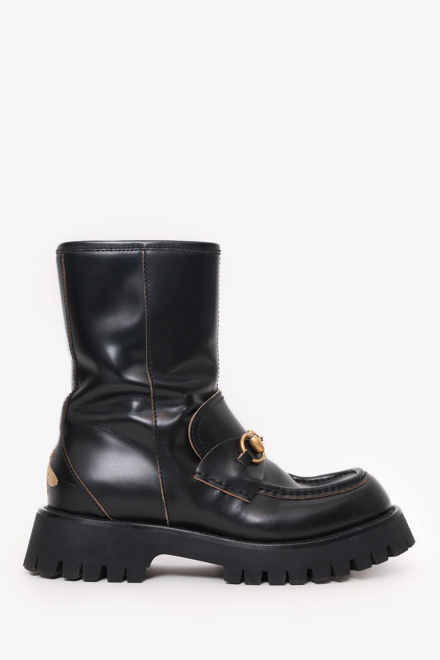Gucci Black Leather Horsebit Chunky Boots Size 38.5