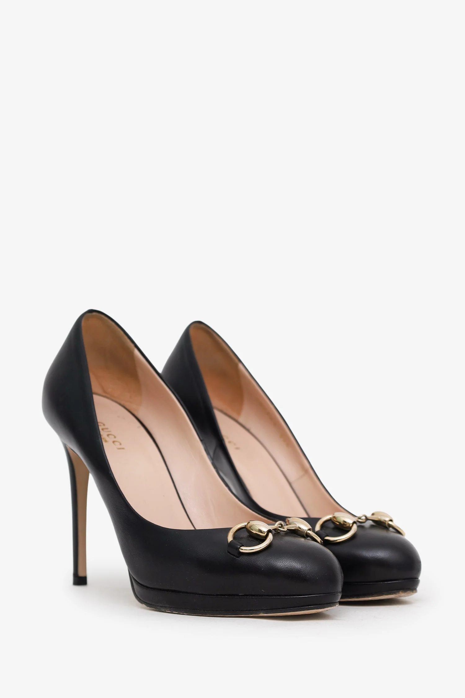 Gucci Black Leather Horsebit Platform Round Toe Heels Size 37.5 - Image 2